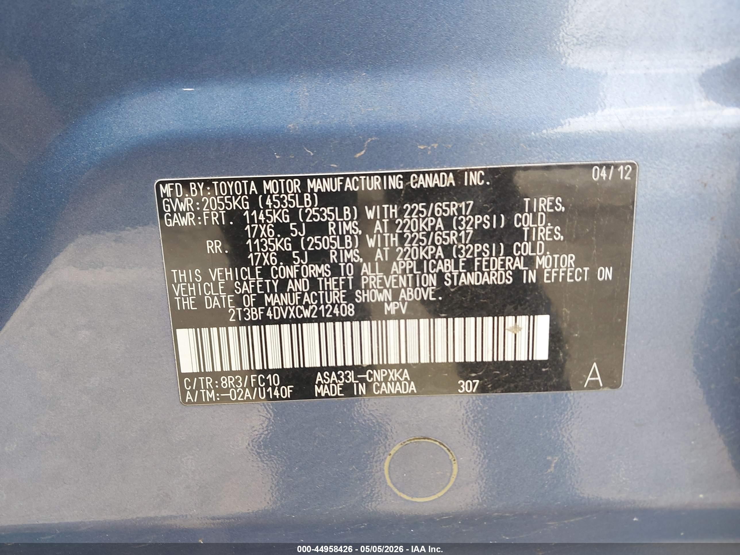 2012 Toyota Rav4   Blue vin: 2T3BF4DVXCW212408