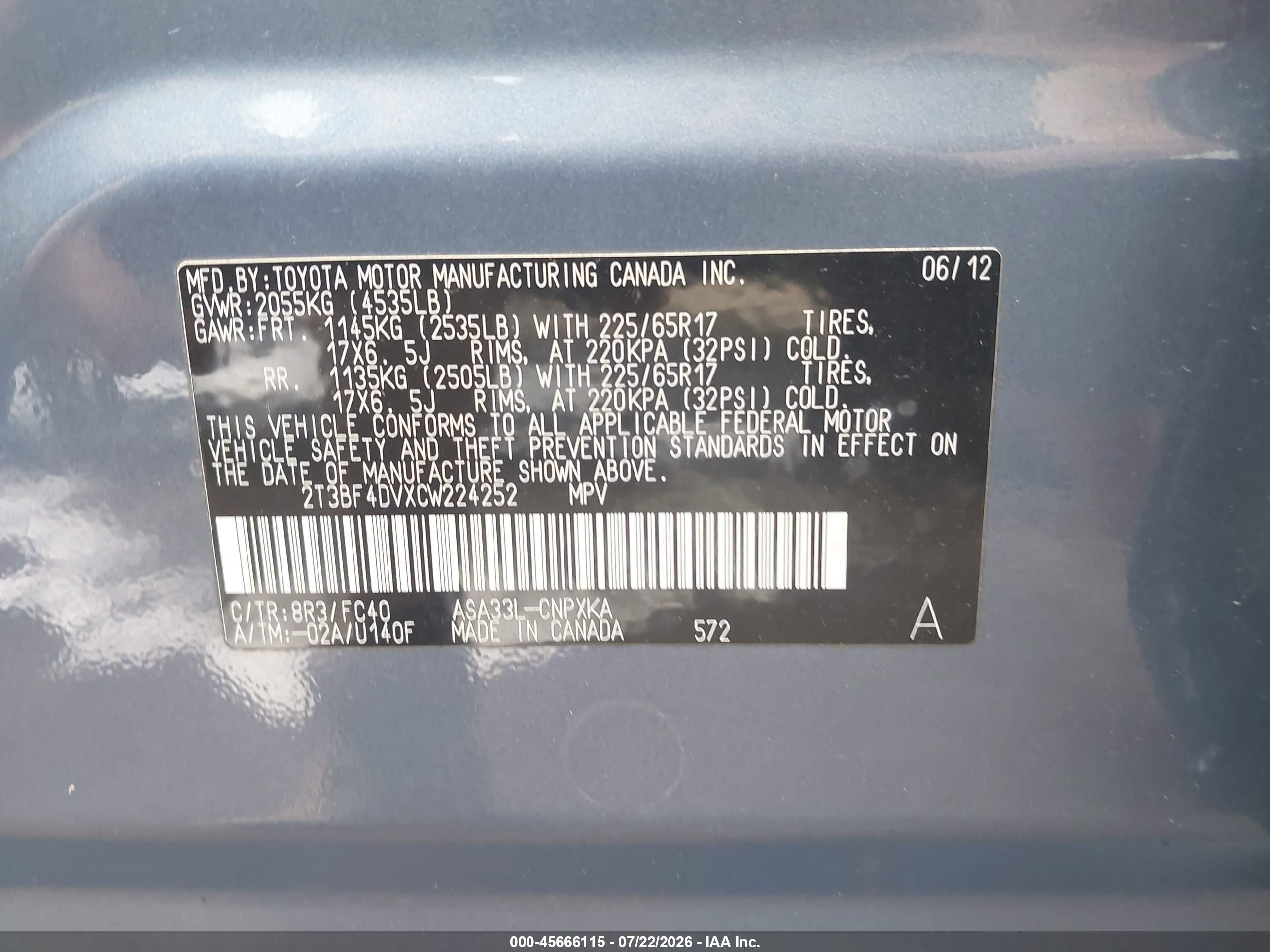 2012 Toyota Rav4   Blue vin: 2T3BF4DVXCW224252