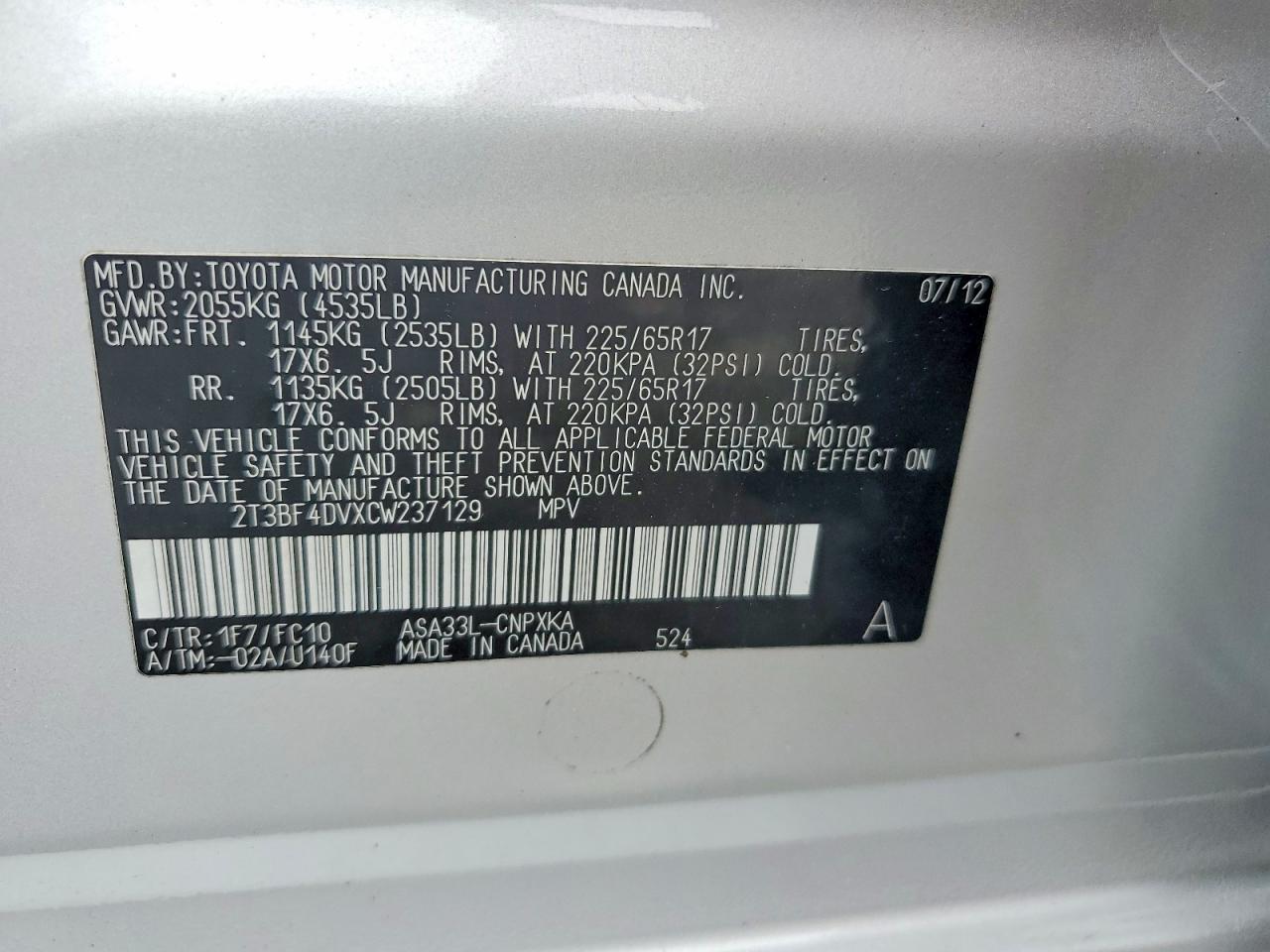 2012 Toyota Rav4 Base Gray vin: 2T3BF4DVXCW237129