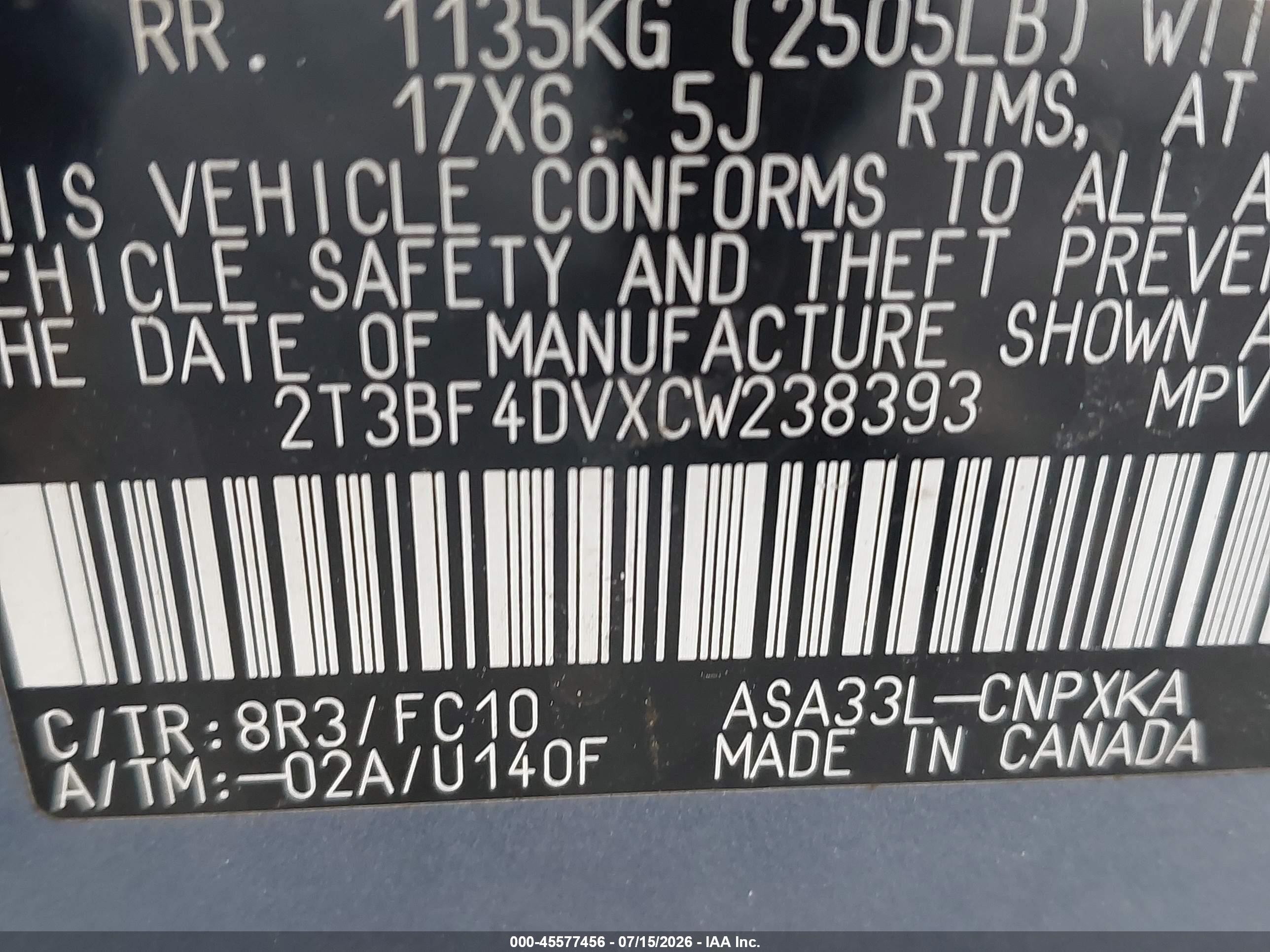 2012 Toyota Rav4   Blue vin: 2T3BF4DVXCW238393