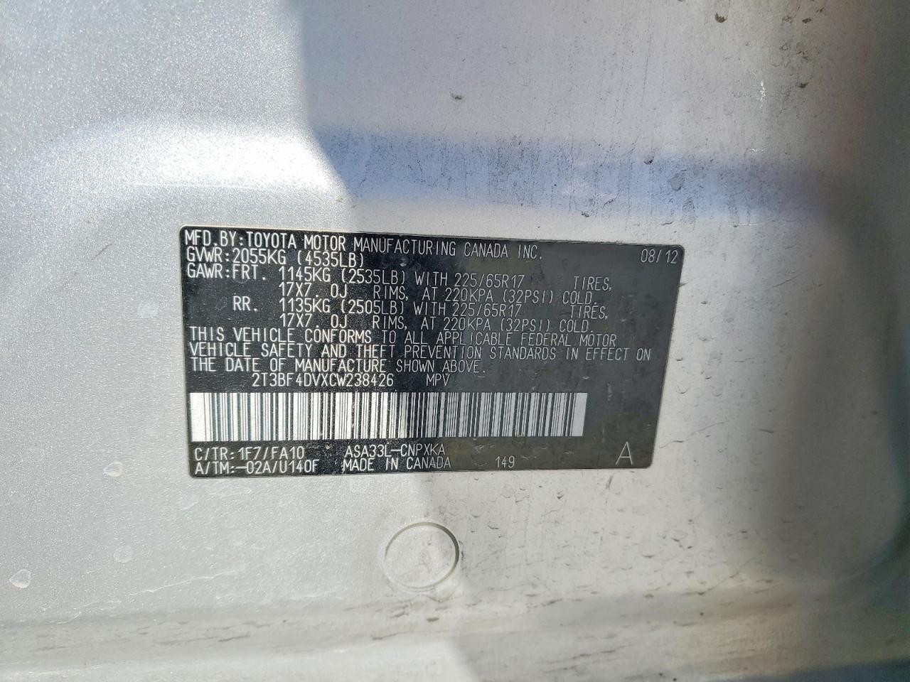 2012 Toyota Rav4 Base Silver vin: 2T3BF4DVXCW238426