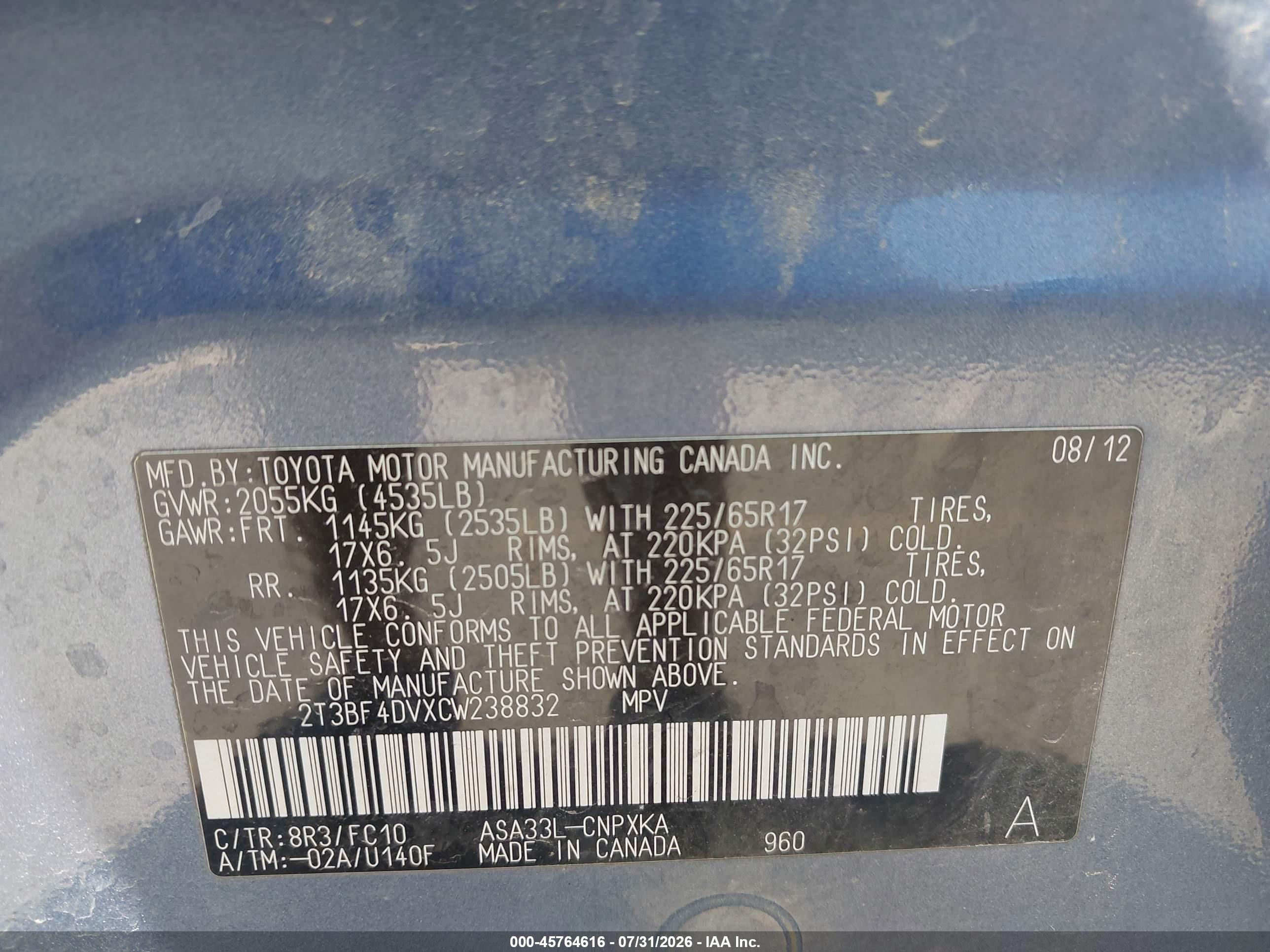 2012 Toyota Rav4   Light Blue vin: 2T3BF4DVXCW238832