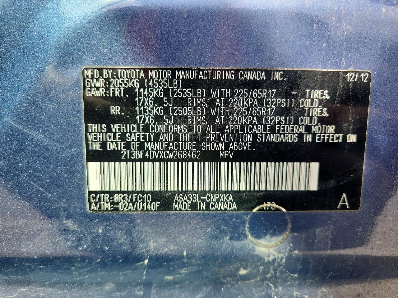 2012 Toyota Rav4 Base Blue vin: 2T3BF4DVXCW268462