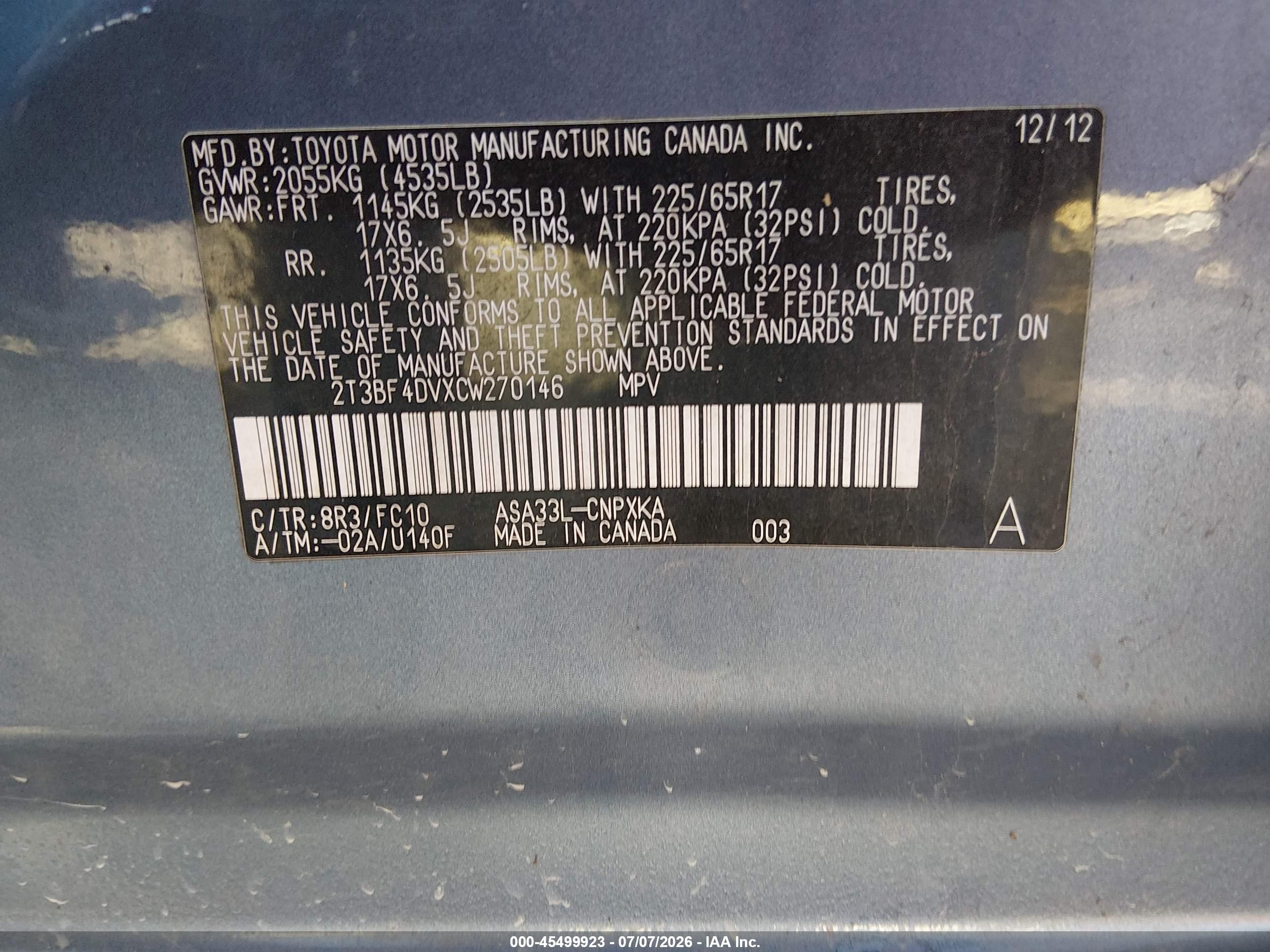 2012 Toyota Rav4   Синий vin: 2T3BF4DVXCW270146