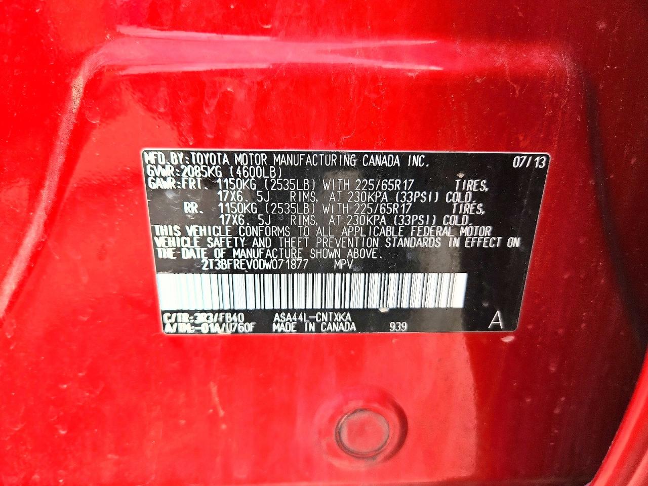 2013 Toyota Rav4 Le Красный vin: 2T3BFREV0DW071877