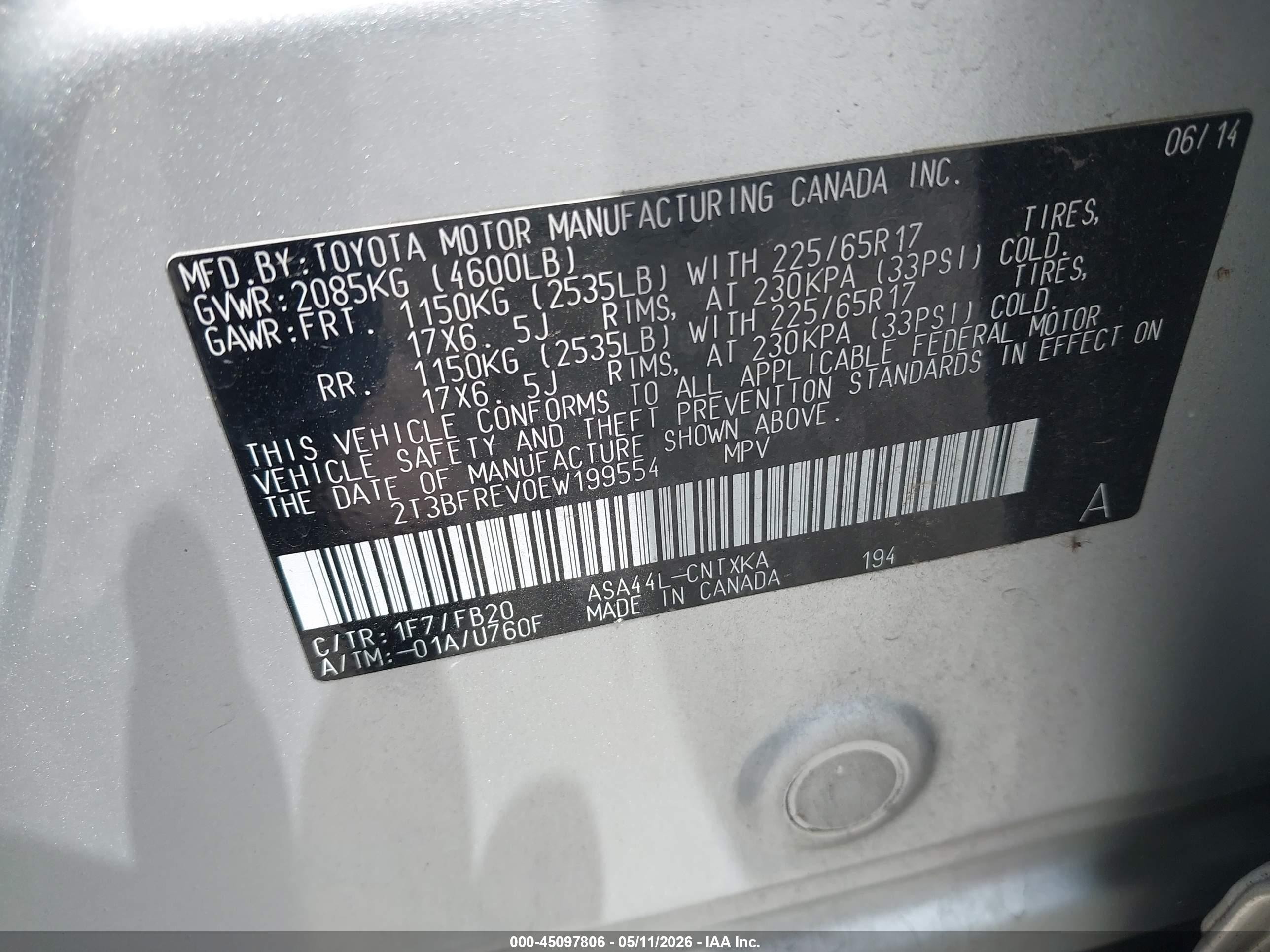 2014 Toyota Rav4 Le Silver vin: 2T3BFREV0EW199554