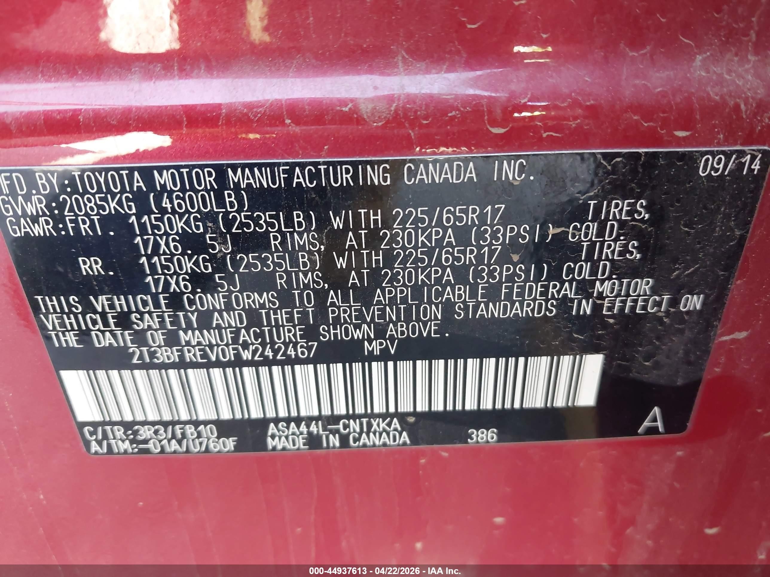 2015 Toyota Rav4 Le Red vin: 2T3BFREV0FW242467