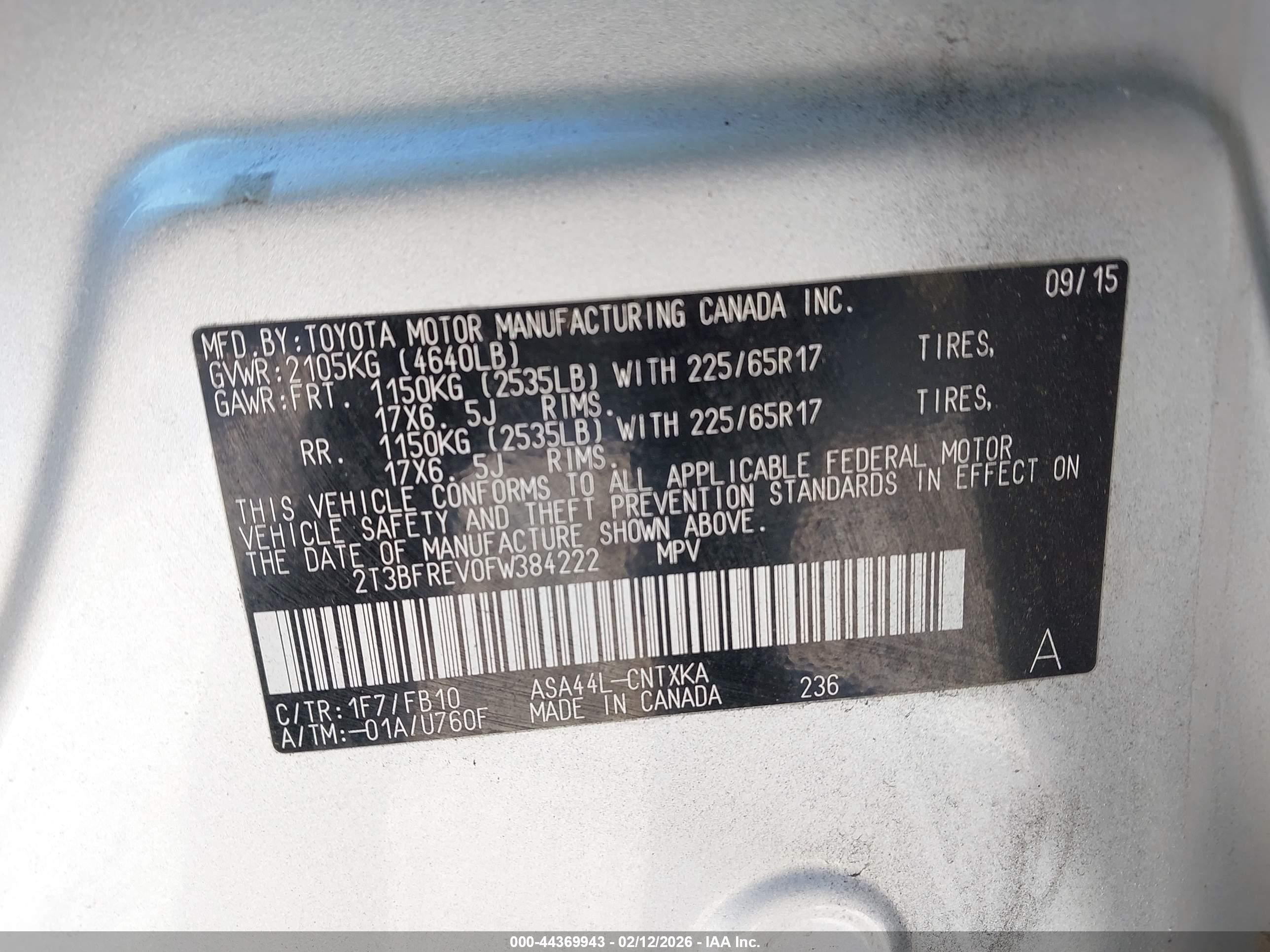 2015 Toyota Rav4 Le Silver vin: 2T3BFREV0FW384222