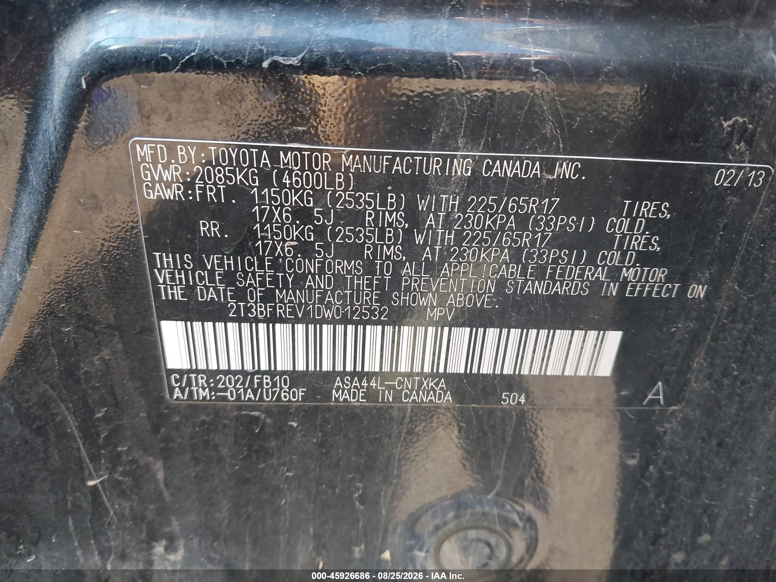 2013 Toyota Rav4 Le Black vin: 2T3BFREV1DW012532