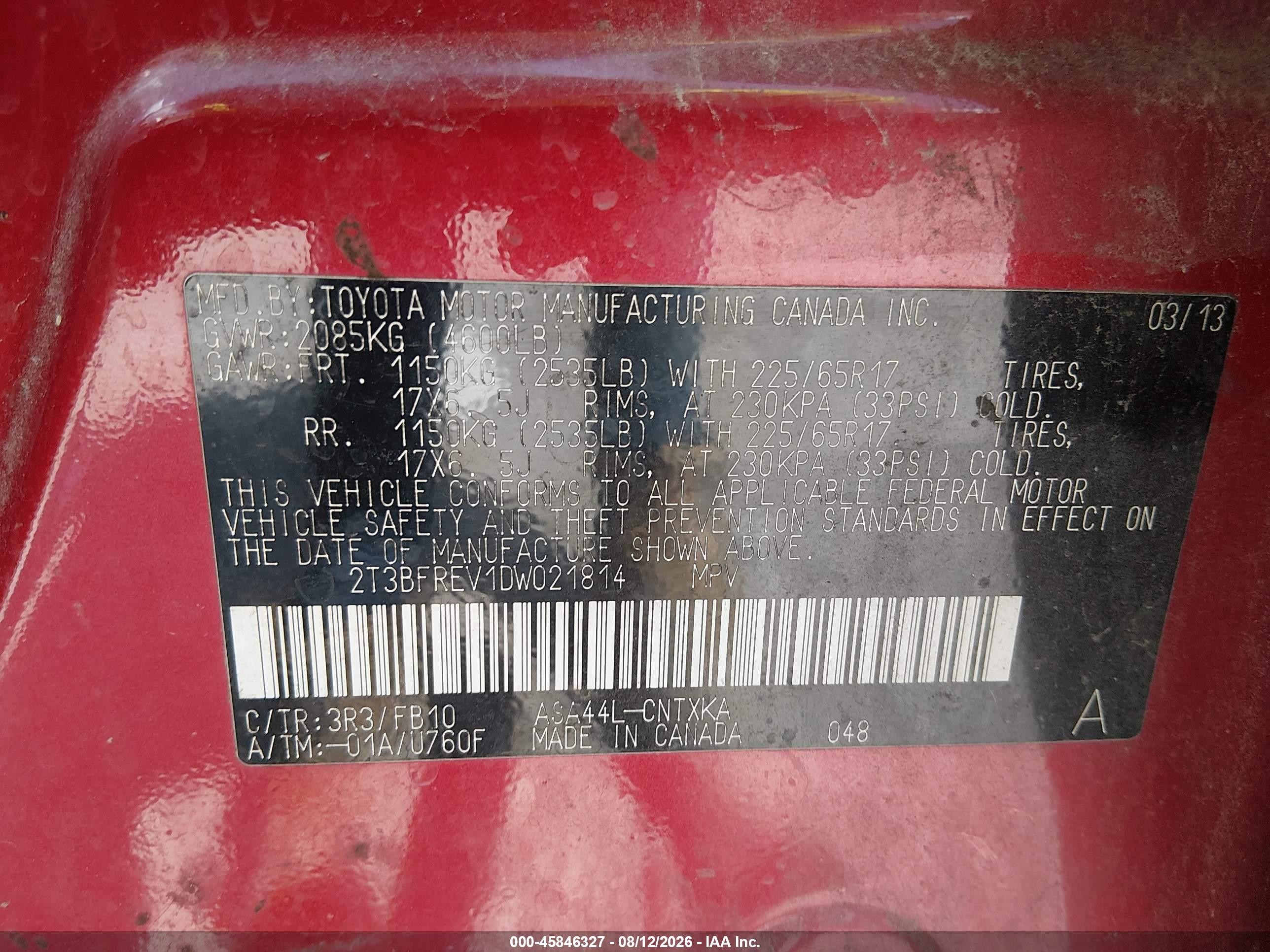2013 Toyota Rav4 Le Red vin: 2T3BFREV1DW021814