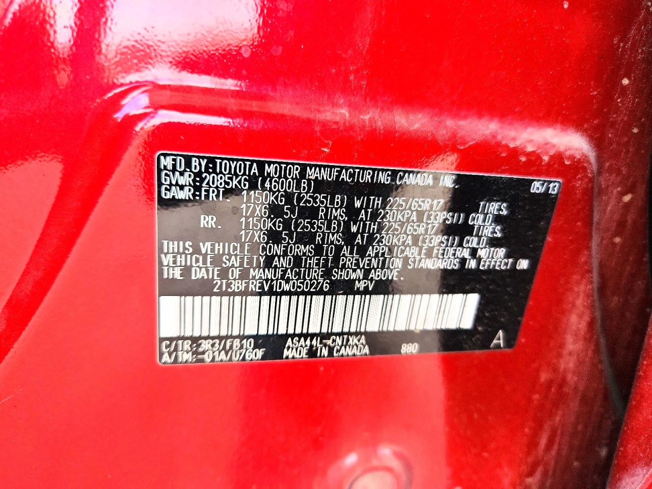 2013 Toyota Rav4 Le Red vin: 2T3BFREV1DW050276