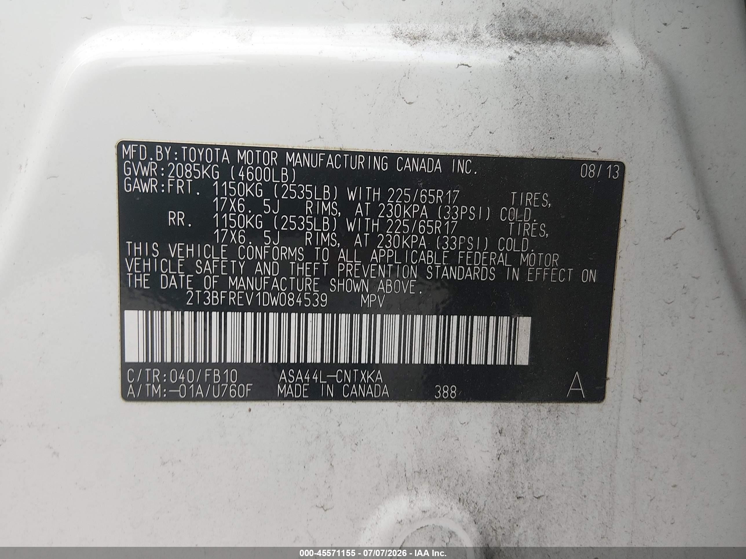 2013 Toyota Rav4 Le White vin: 2T3BFREV1DW084539