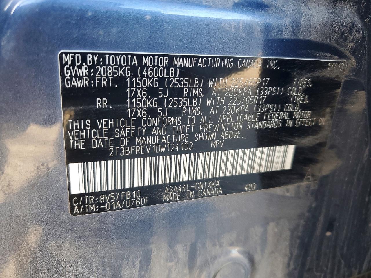 2013 Toyota Rav4 Le Blue vin: 2T3BFREV1DW124103