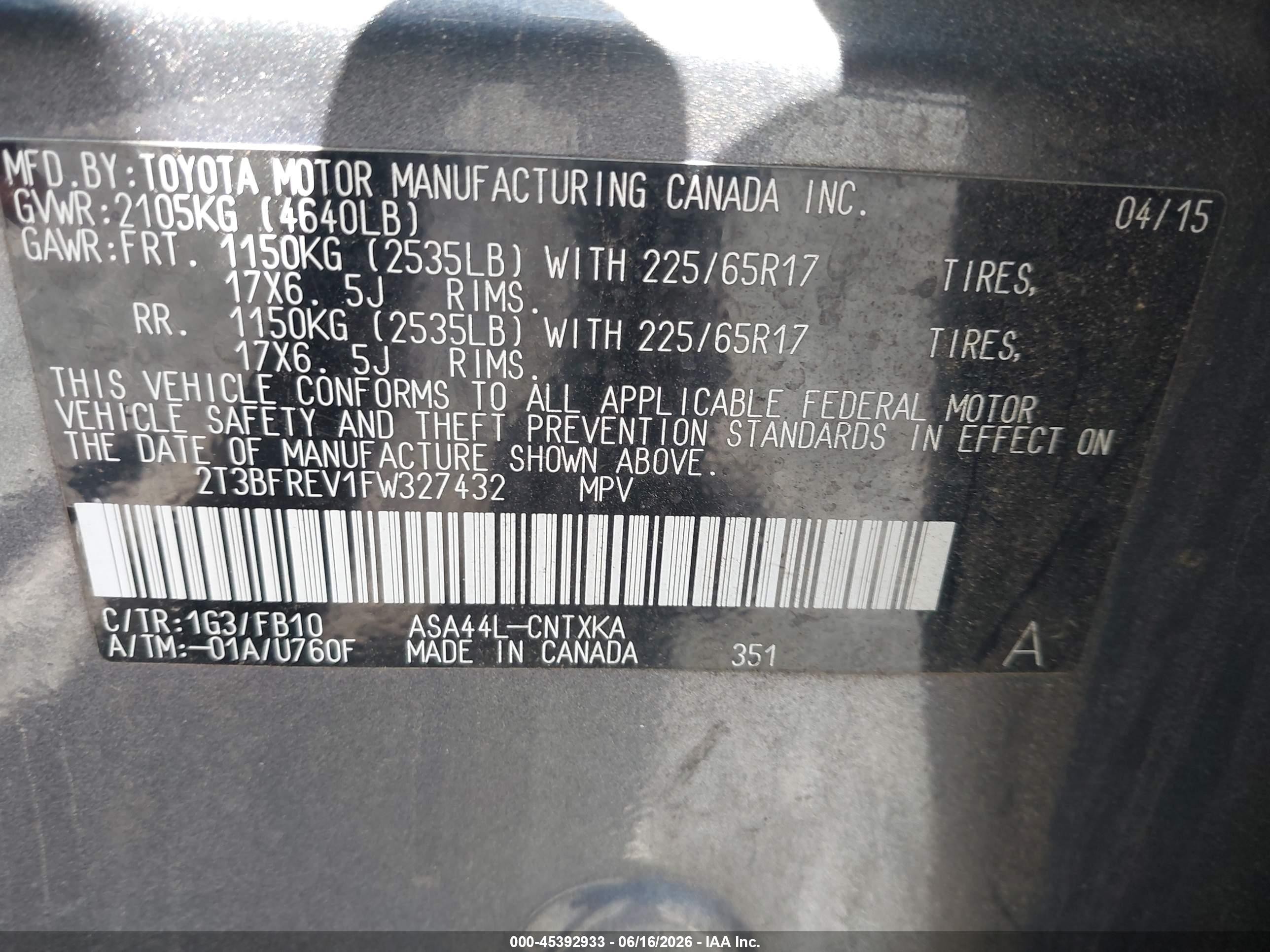 2015 Toyota Rav4 Le Черный vin: 2T3BFREV1FW327432