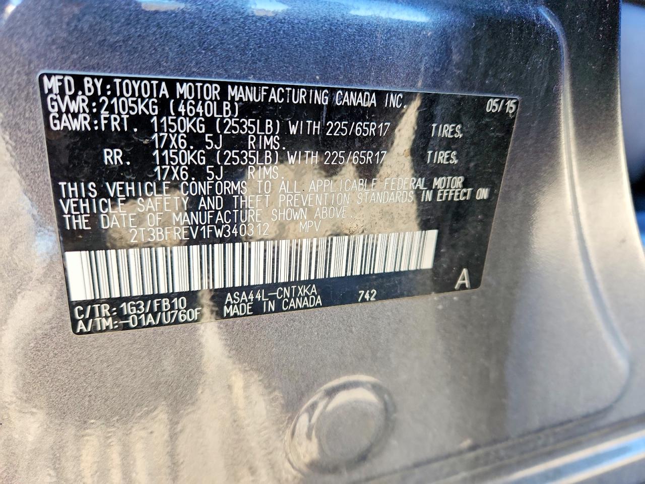 2015 Toyota Rav4 Le Gray vin: 2T3BFREV1FW340312