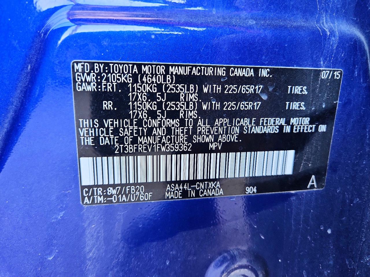 2015 Toyota Rav4 Le Blue vin: 2T3BFREV1FW359362