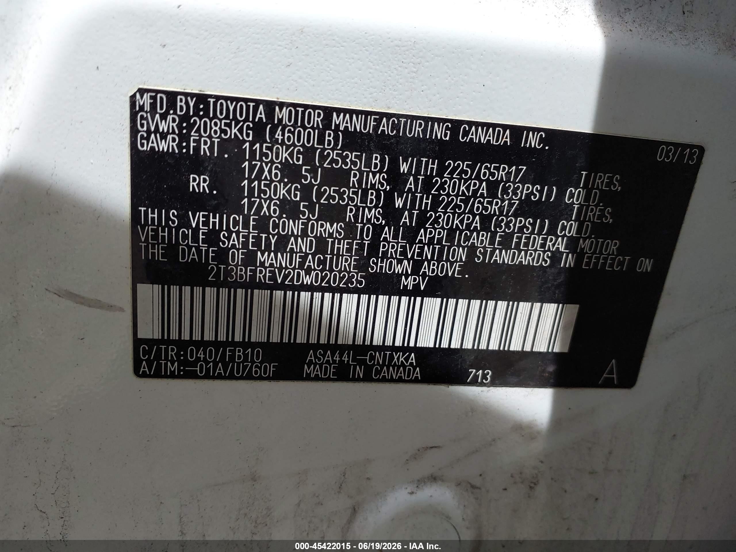 2013 Toyota Rav4 Le White vin: 2T3BFREV2DW020235
