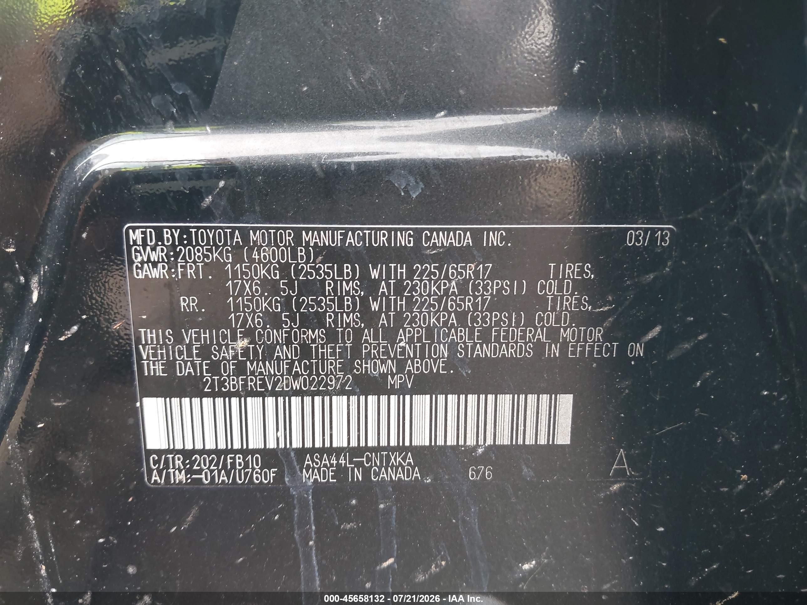 2013 Toyota Rav4 Le Black vin: 2T3BFREV2DW022972