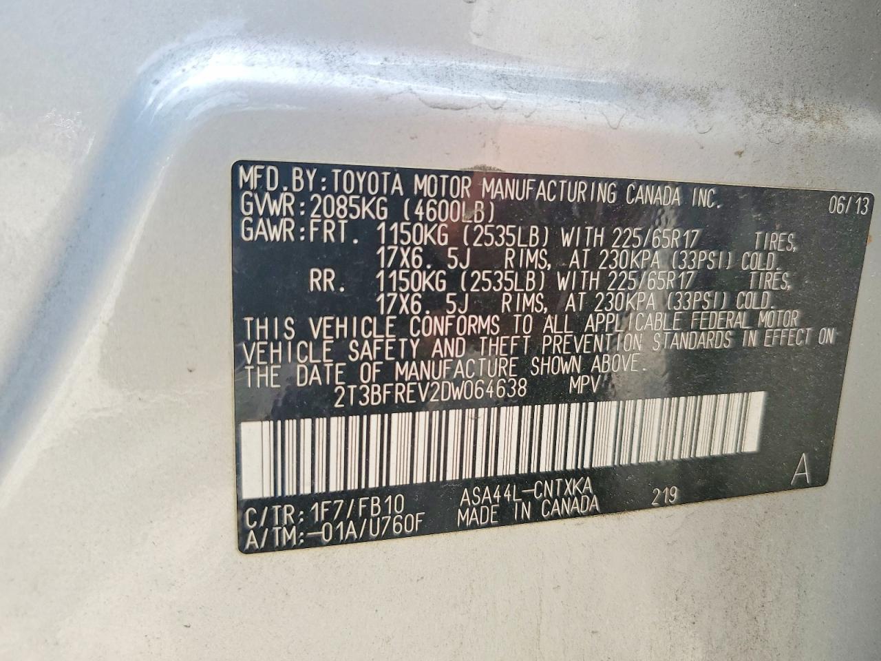 2013 Toyota Rav4 Le Silver vin: 2T3BFREV2DW064638