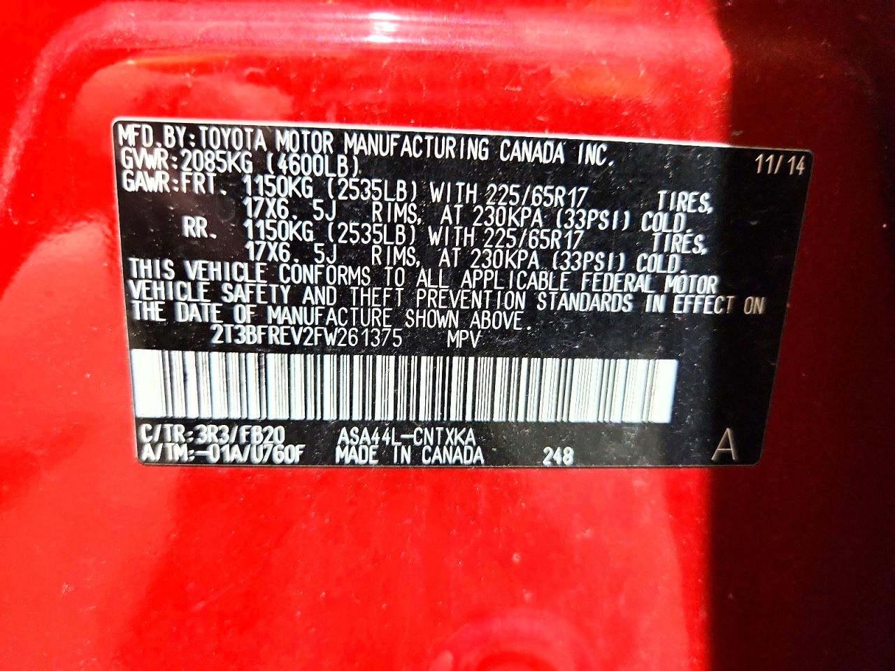 2015 Toyota Rav4 Le Red vin: 2T3BFREV2FW261375