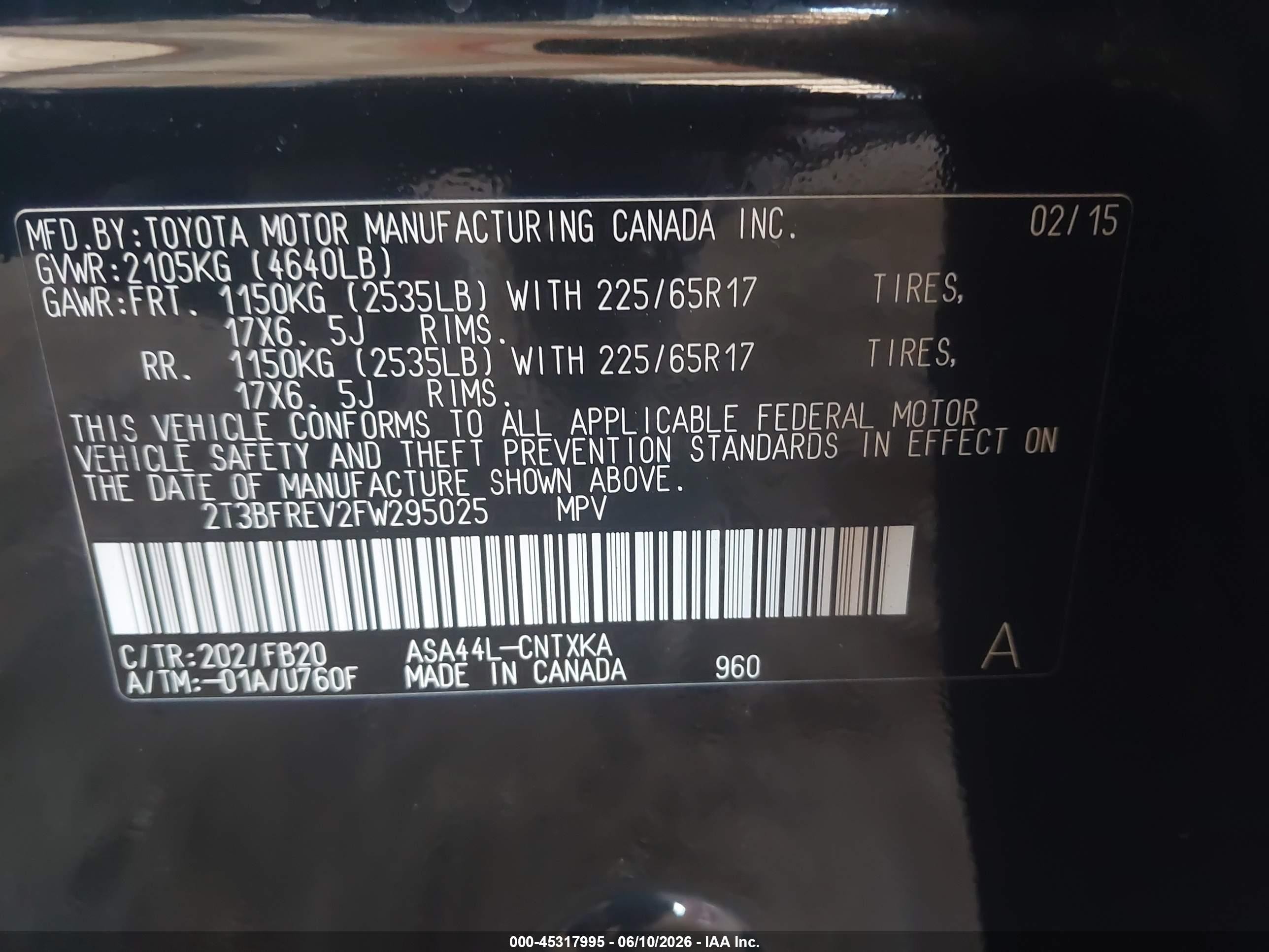 2015 Toyota Rav4 Le Black vin: 2T3BFREV2FW295025