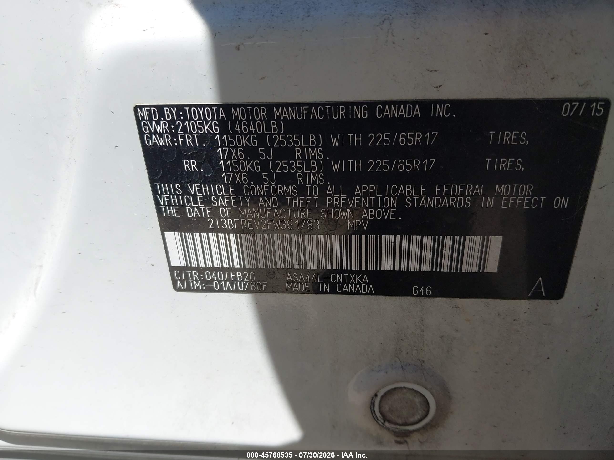 2015 Toyota Rav4 Le Белый vin: 2T3BFREV2FW361783