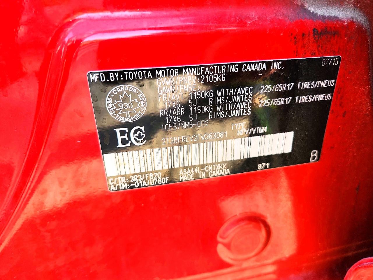 2015 Toyota Rav4 Le Red vin: 2T3BFREV2FW363081