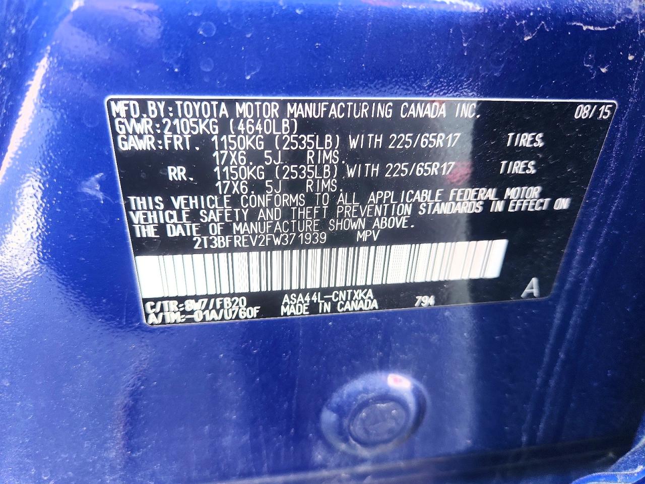 2015 Toyota Rav4 Le Blue vin: 2T3BFREV2FW371939