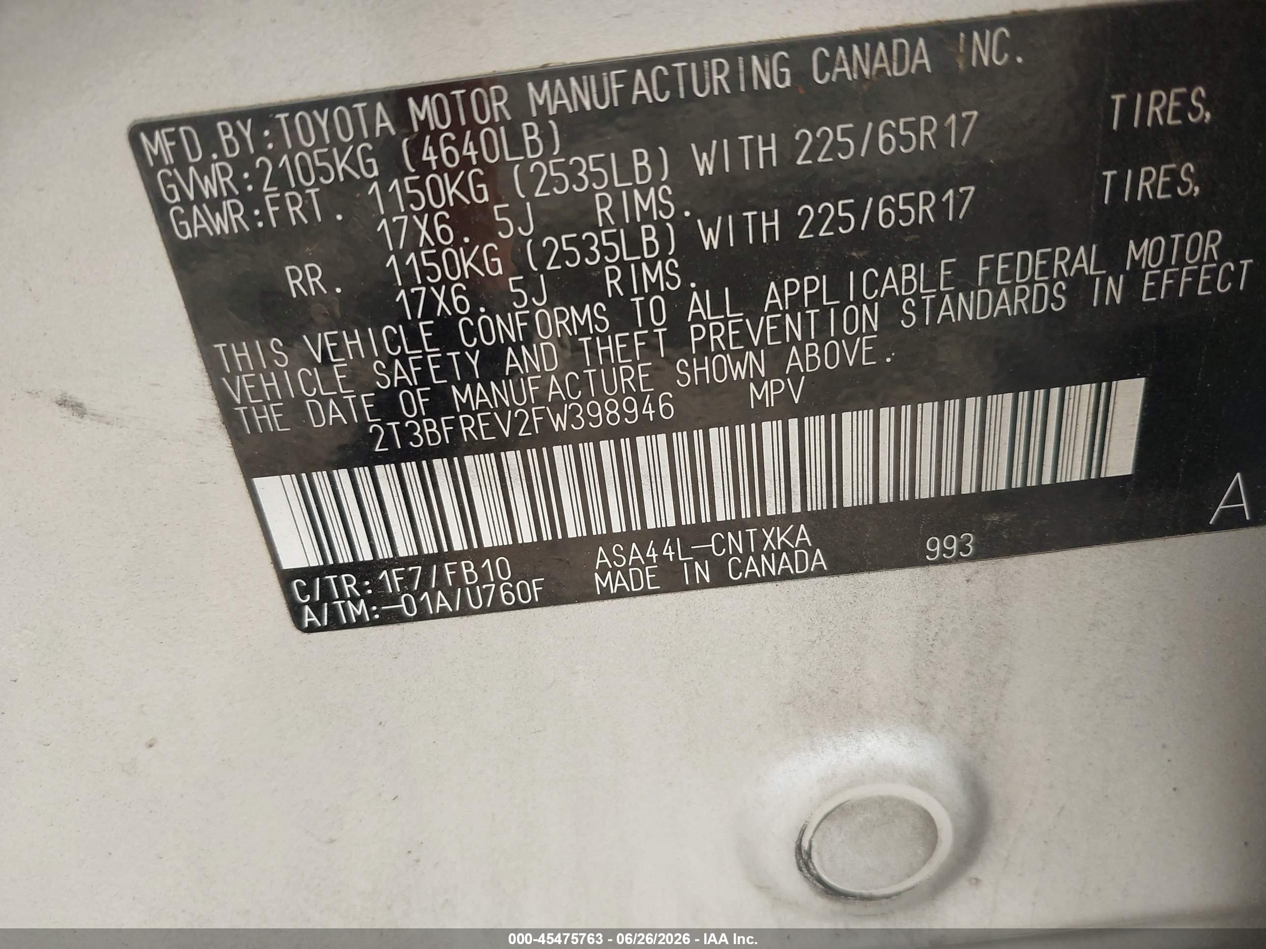 2015 Toyota Rav4 Le Silver vin: 2T3BFREV2FW398946