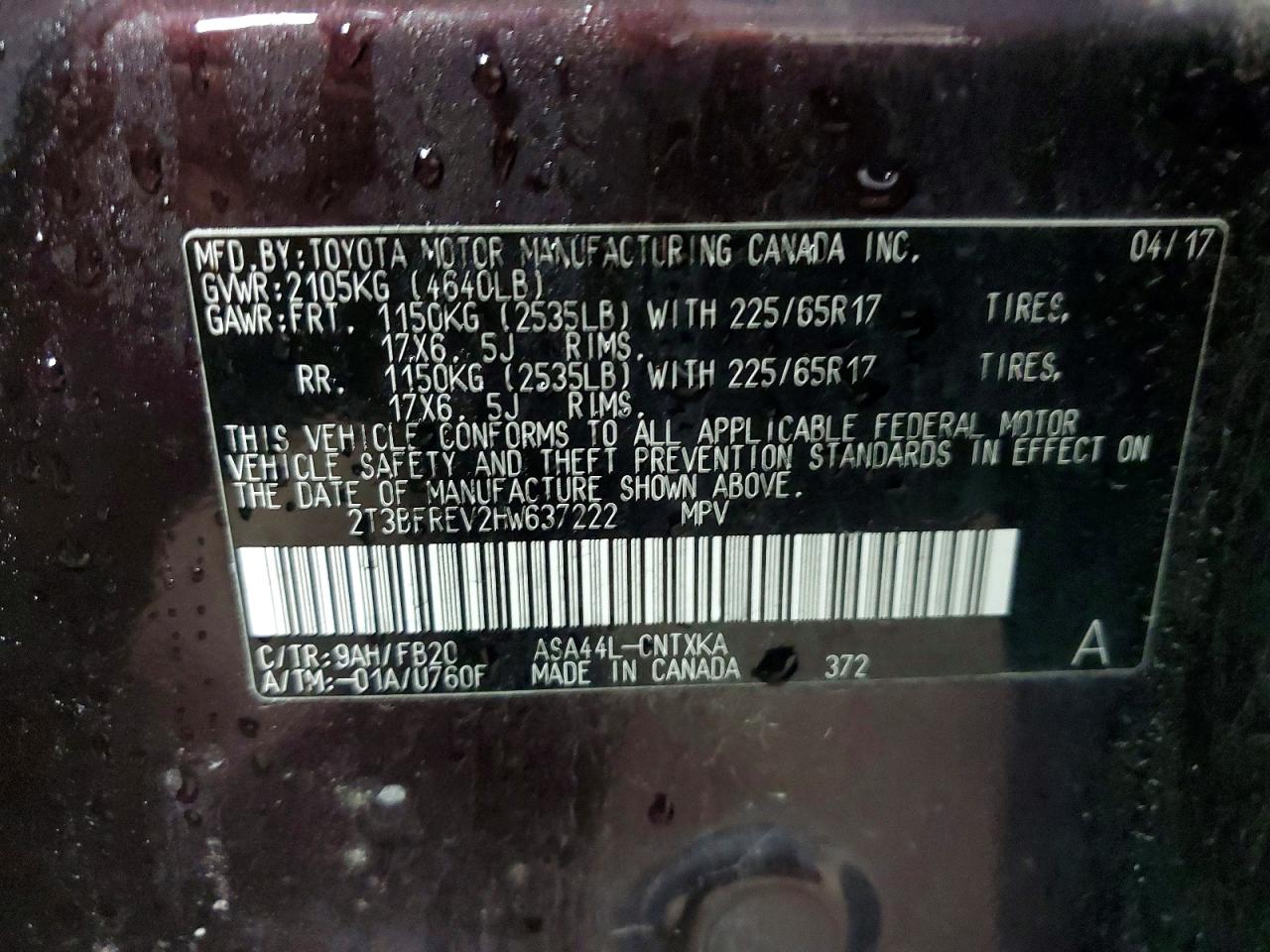 2017 Toyota Rav4 Le Purple vin: 2T3BFREV2HW637222
