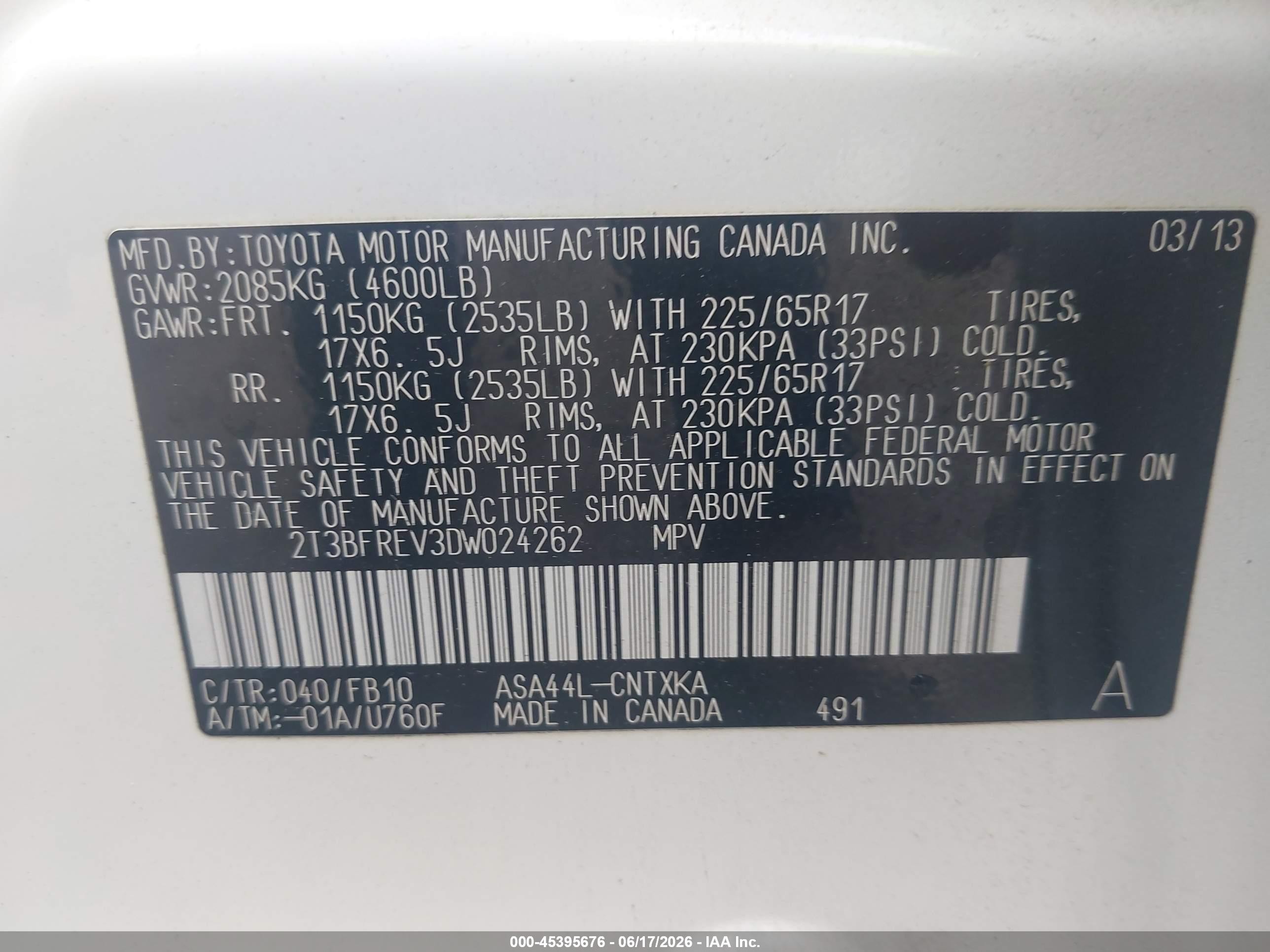 2013 Toyota Rav4 Le White vin: 2T3BFREV3DW024262
