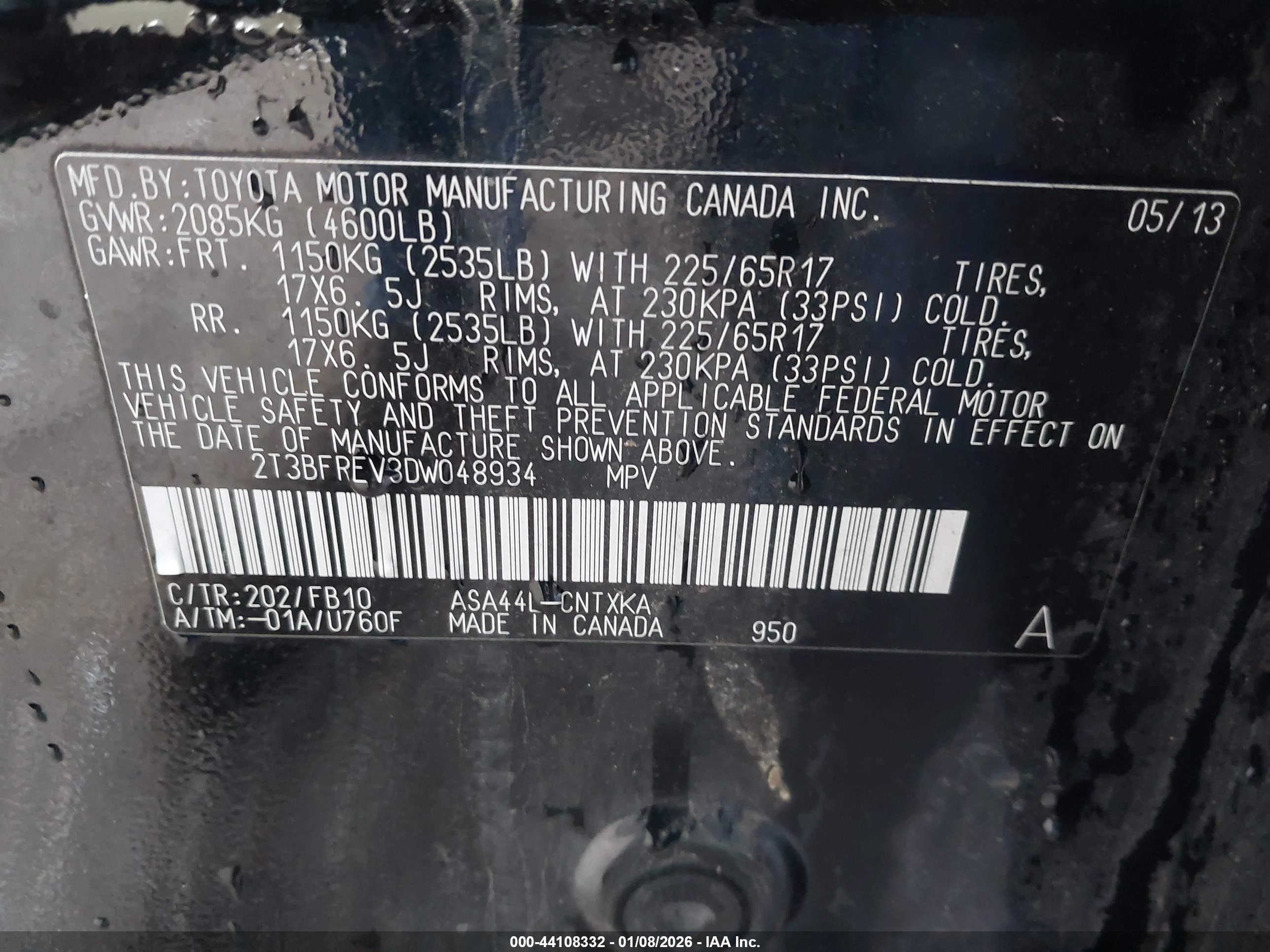 2013 Toyota Rav4 Le Black vin: 2T3BFREV3DW048934