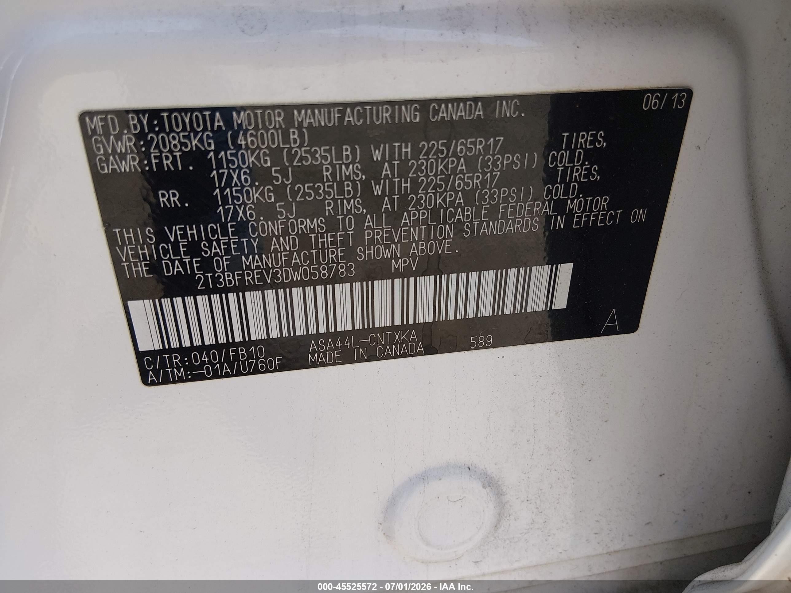 2013 Toyota Rav4 Le White vin: 2T3BFREV3DW058783