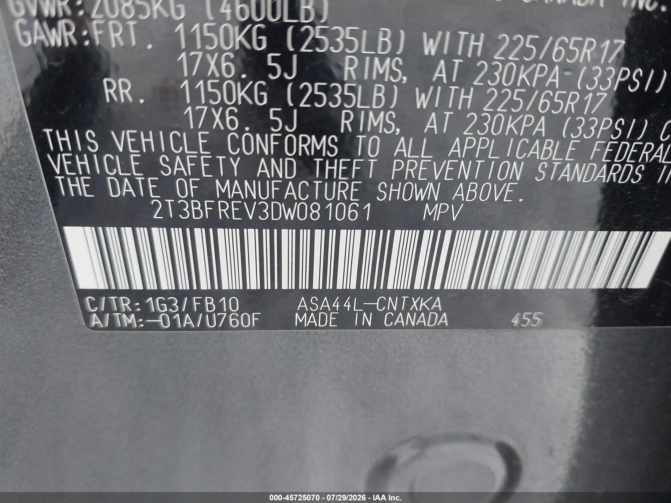 2013 Toyota Rav4 Le Black vin: 2T3BFREV3DW081061