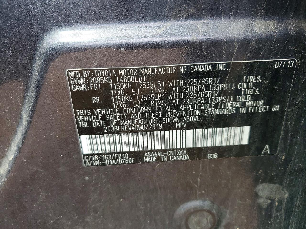 2013 Toyota Rav4 Le Gray vin: 2T3BFREV4DW072319
