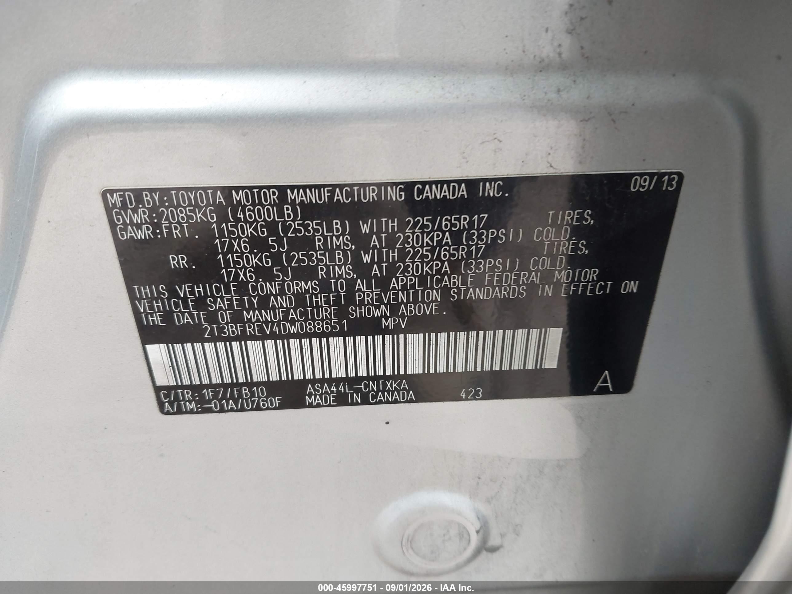 2013 Toyota Rav4 Le Серебряный vin: 2T3BFREV4DW088651