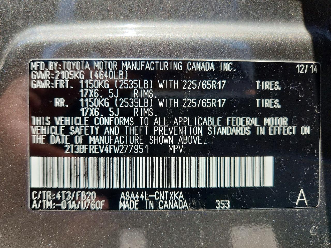 2015 Toyota Rav4 Le Tan vin: 2T3BFREV4FW277951