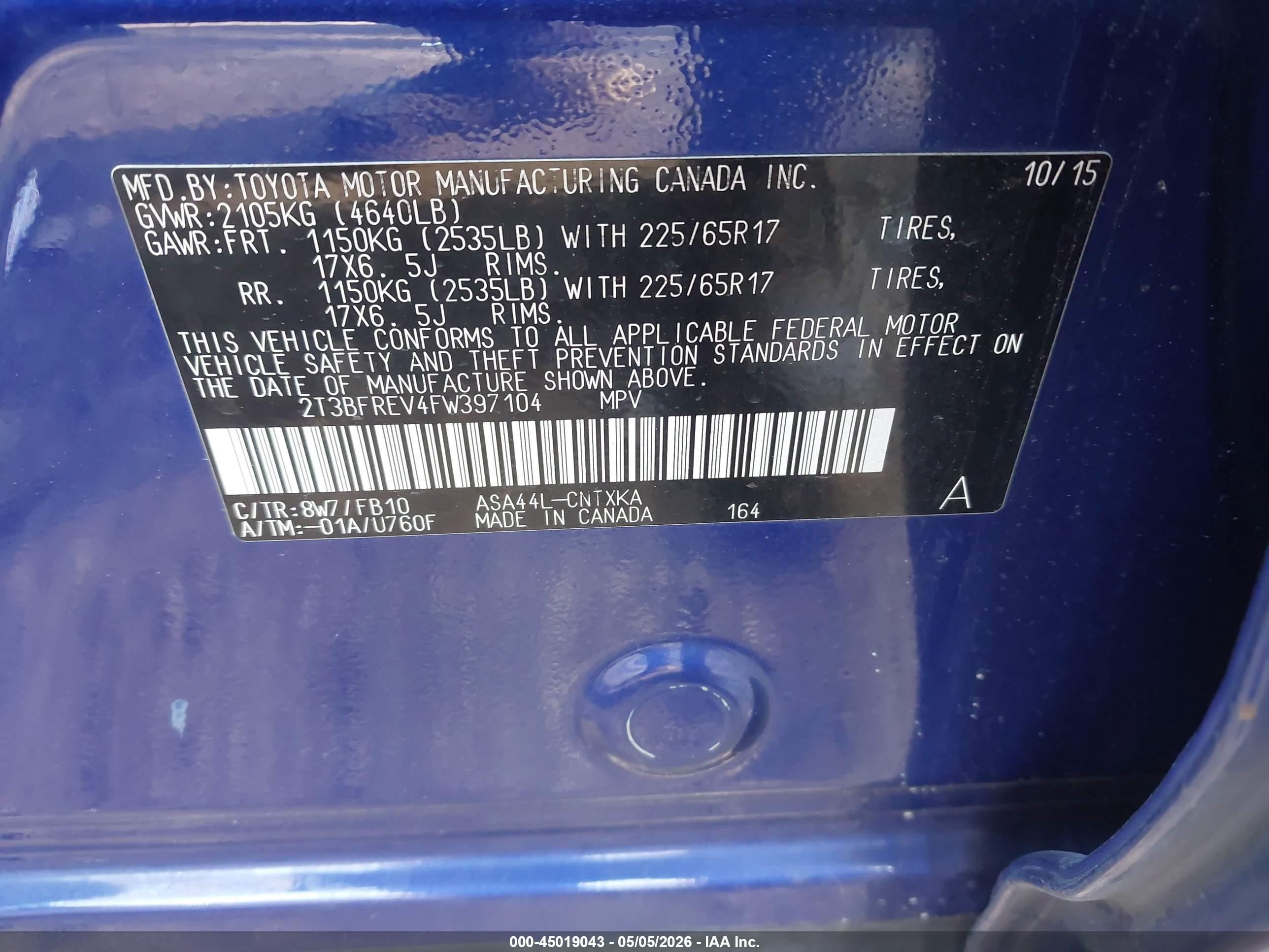 2015 Toyota Rav4 Le Blue vin: 2T3BFREV4FW397104