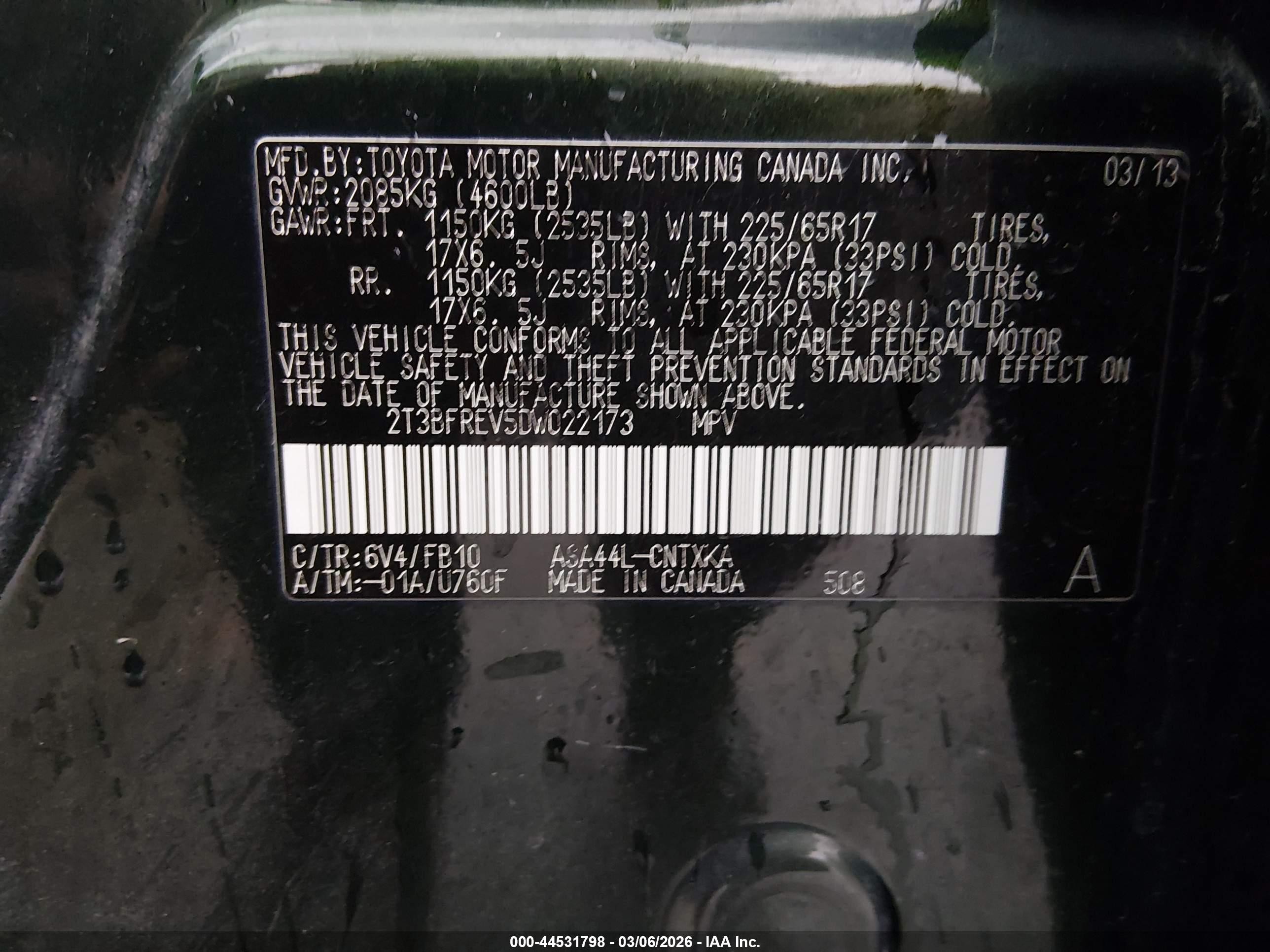 2013 Toyota Rav4 Le Green vin: 2T3BFREV5DW022173