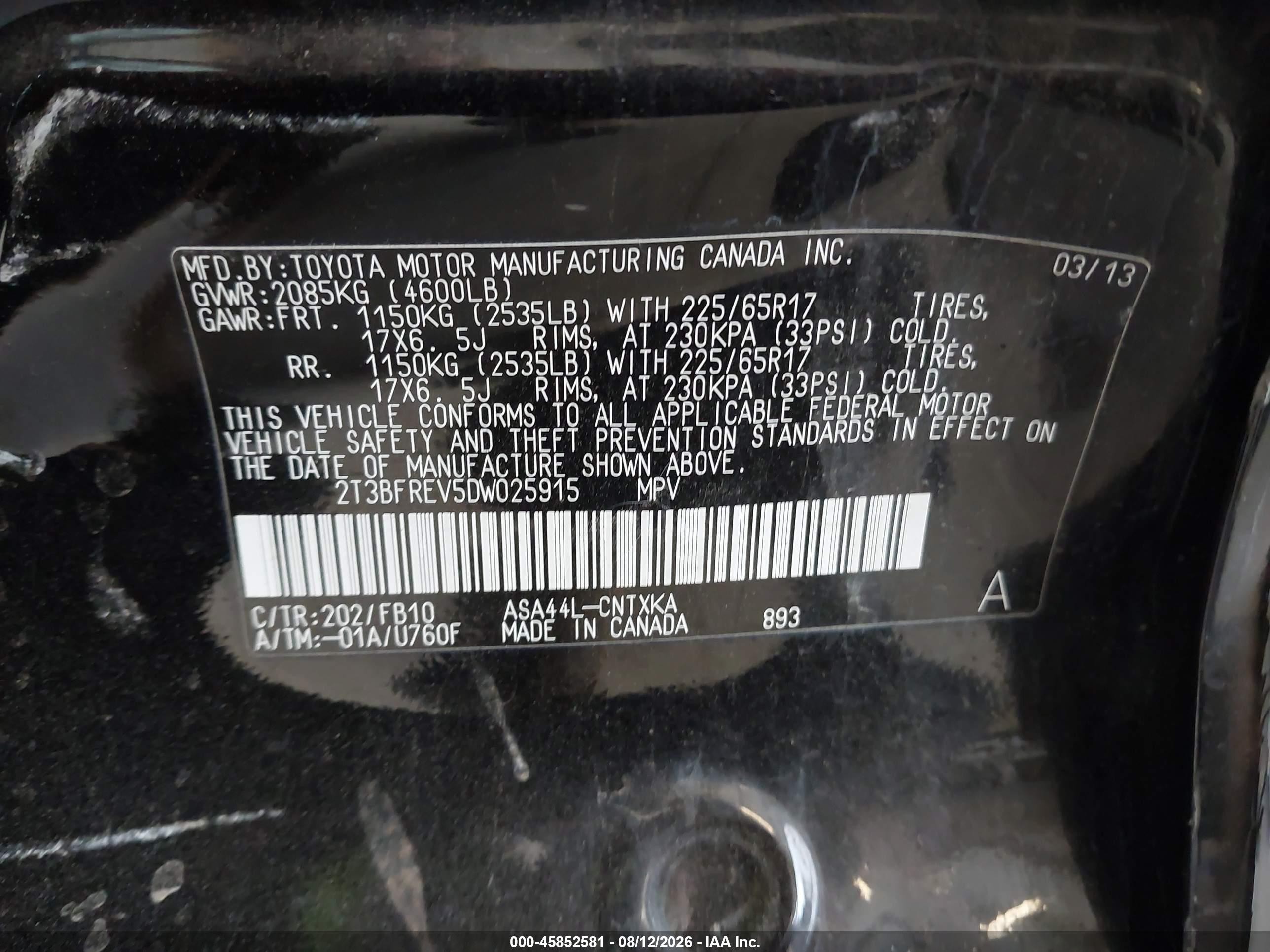 2013 Toyota Rav4 Le Black vin: 2T3BFREV5DW025915