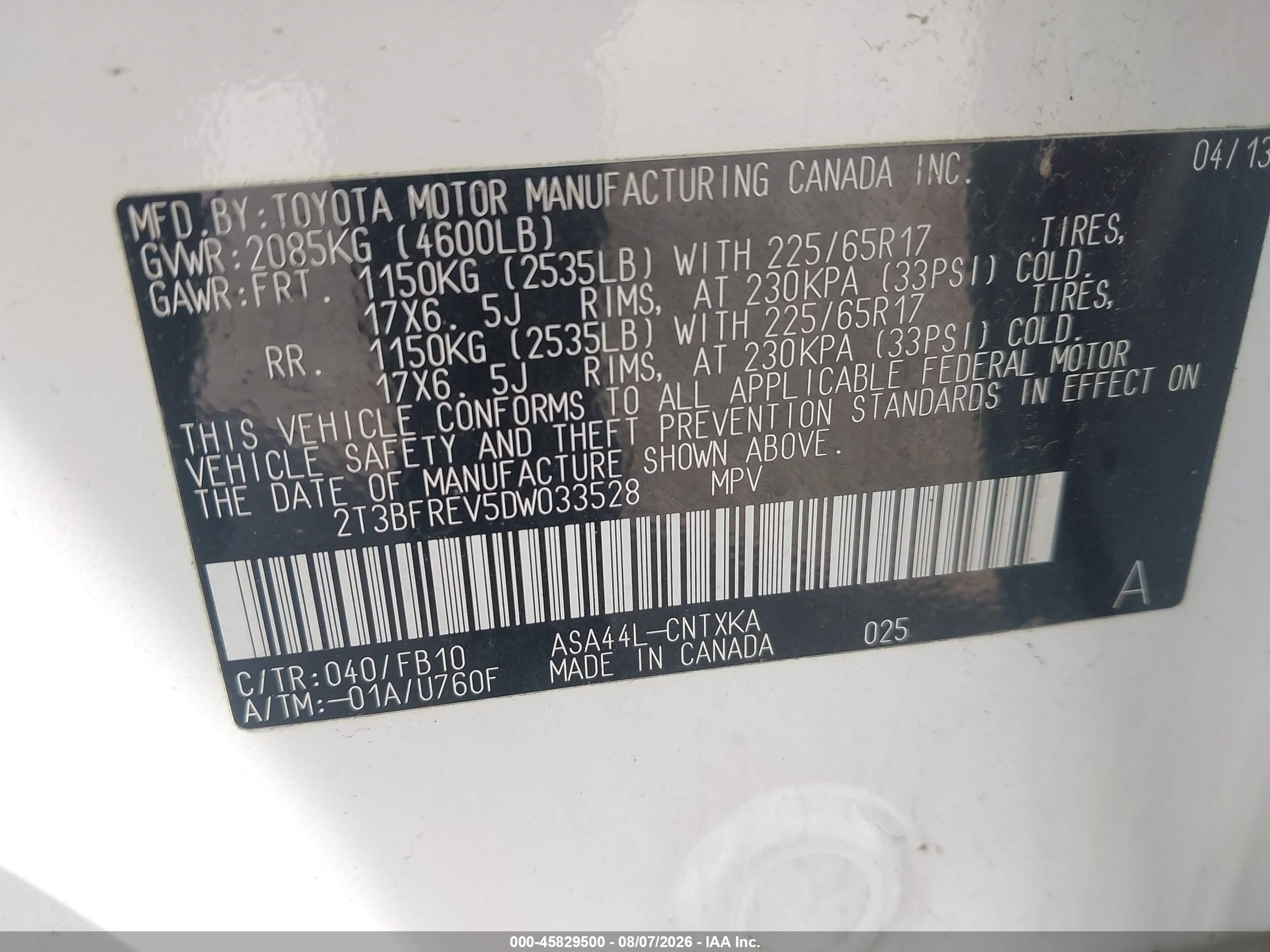 2013 Toyota Rav4 Le White vin: 2T3BFREV5DW033528