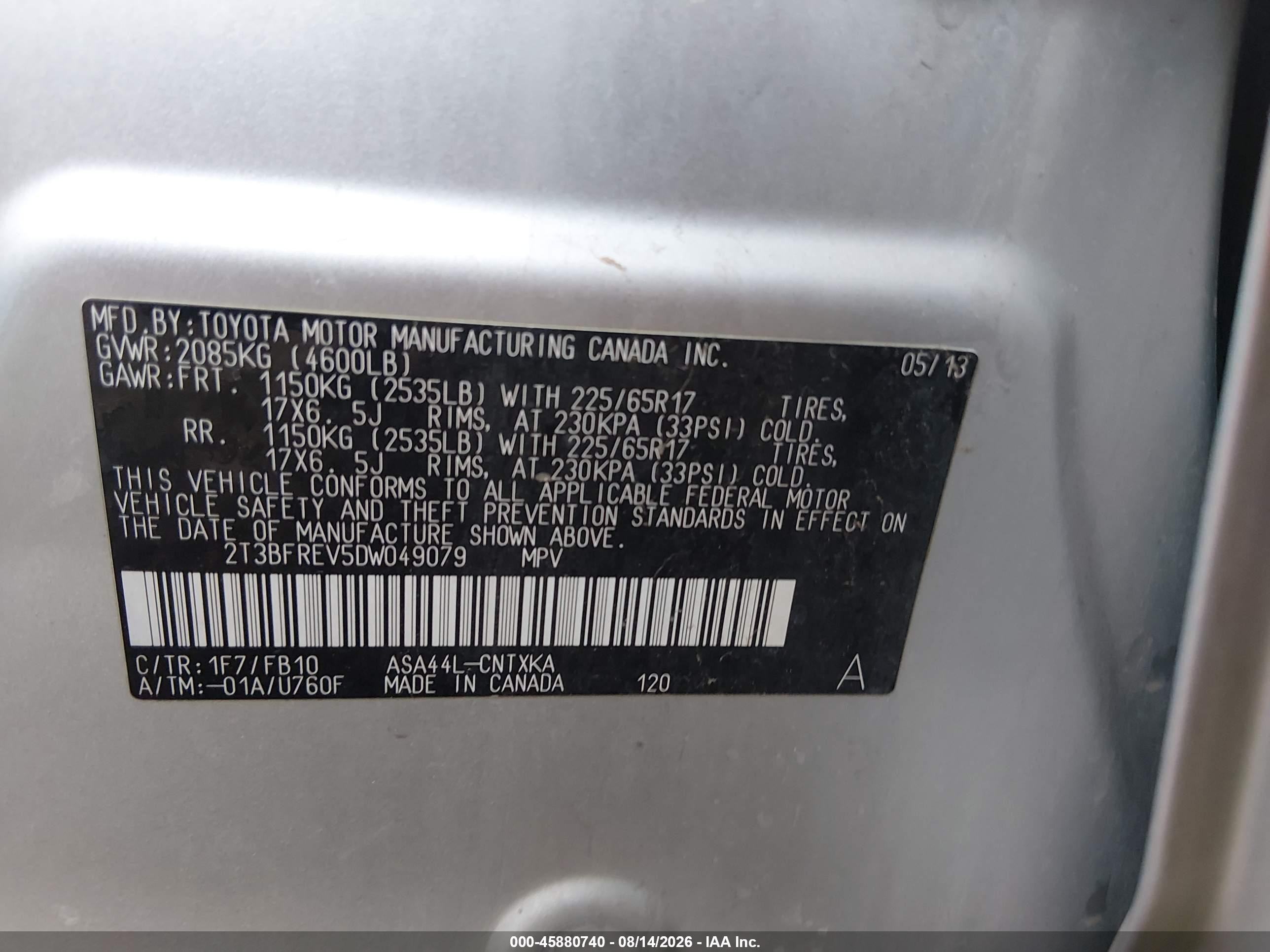 2013 Toyota Rav4 Le Silver vin: 2T3BFREV5DW049079