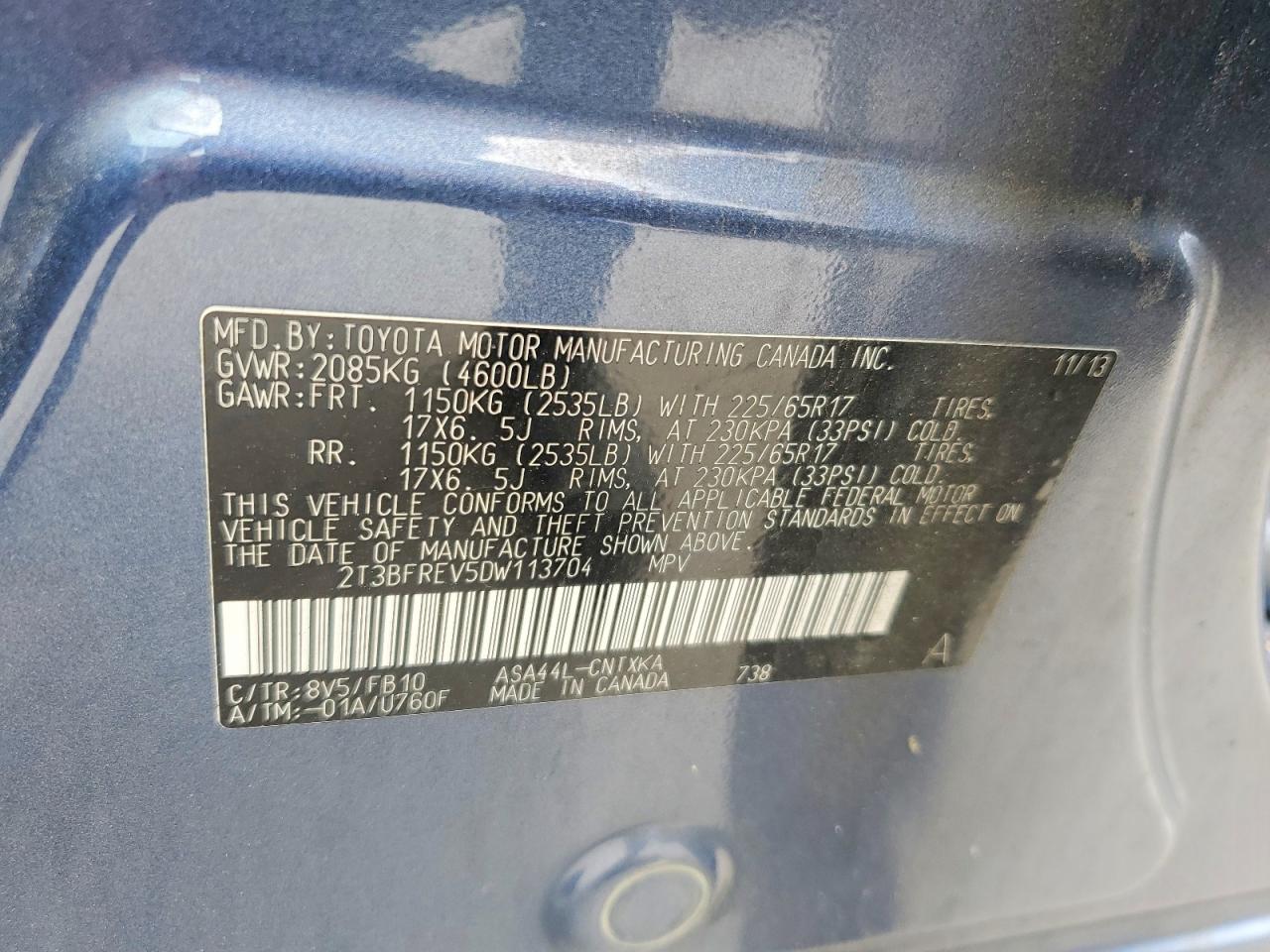 2013 Toyota Rav4 Le Blue vin: 2T3BFREV5DW113704