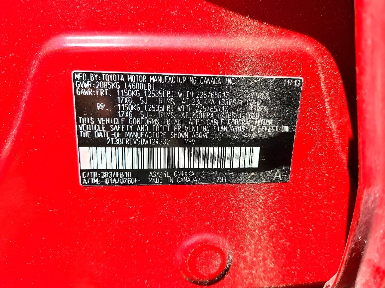 2013 Toyota Rav4 Le Red vin: 2T3BFREV5DW124332