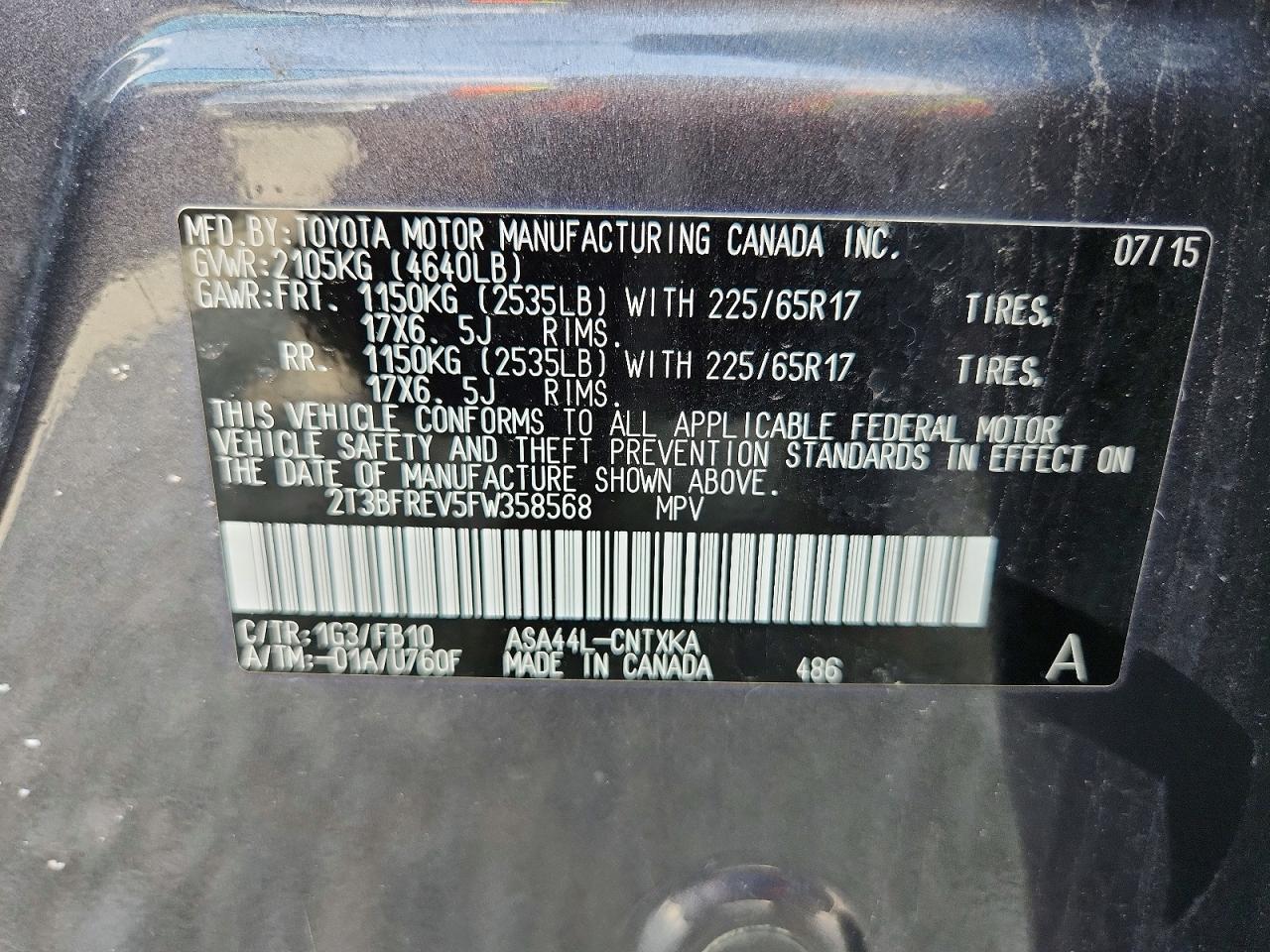 2015 Toyota Rav4 Le Gray vin: 2T3BFREV5FW358568