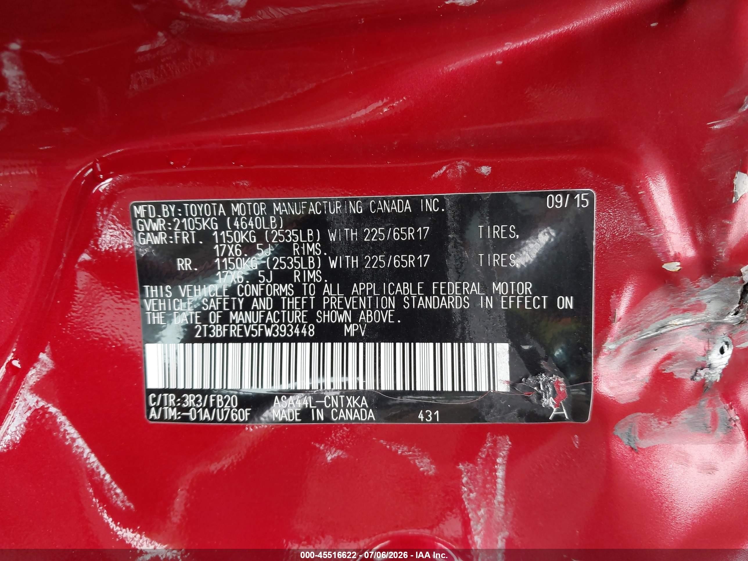 2015 Toyota Rav4 Le Red vin: 2T3BFREV5FW393448
