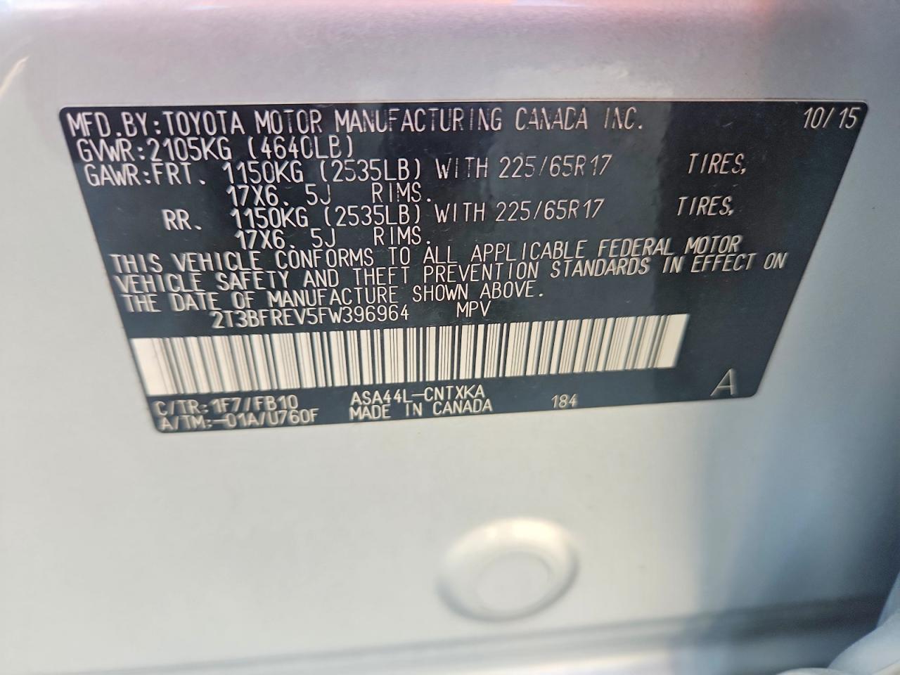 2015 Toyota Rav4 Le Gray vin: 2T3BFREV5FW396964