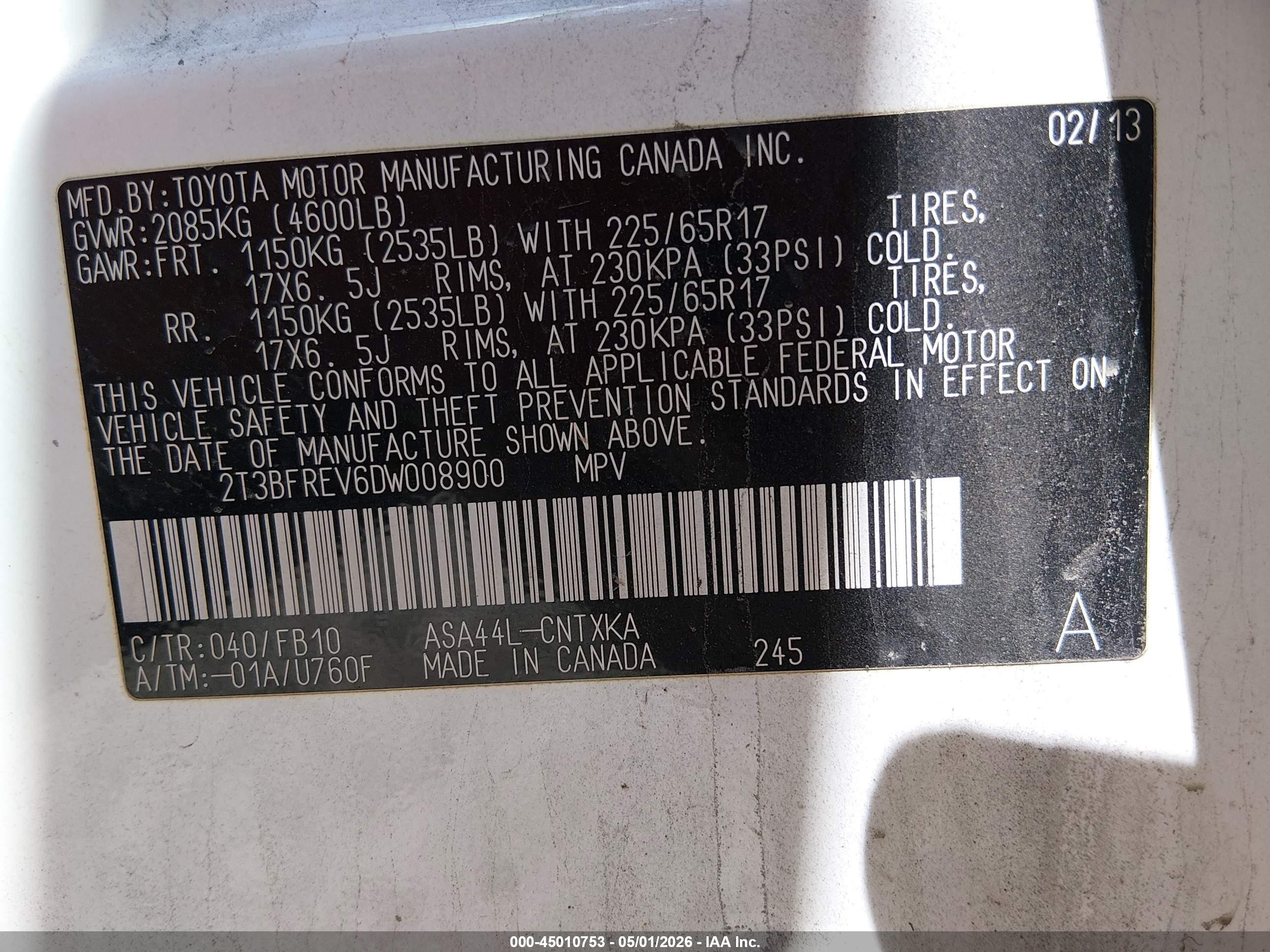2013 Toyota Rav4 Le White vin: 2T3BFREV6DW008900