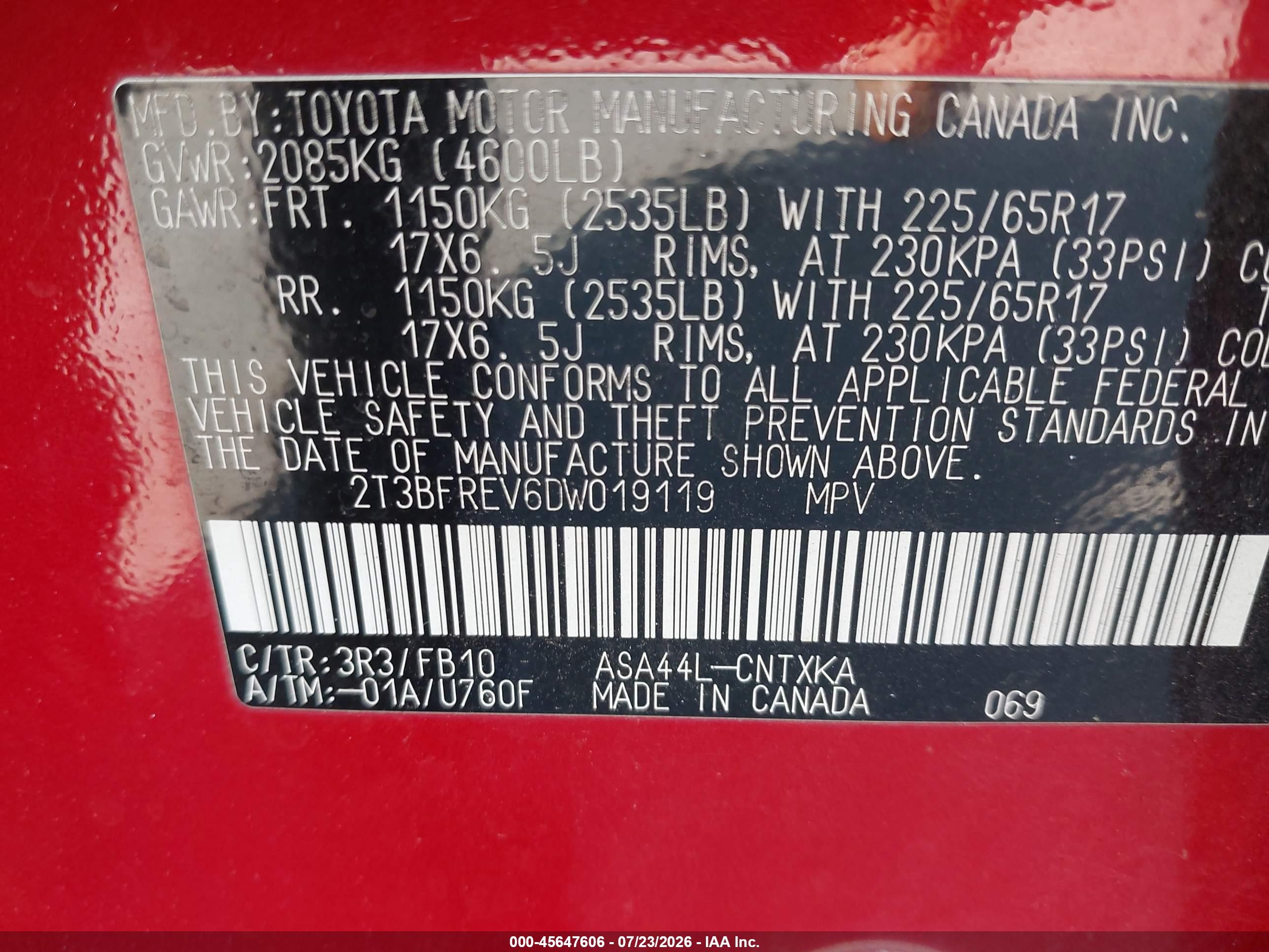 2013 Toyota Rav4 Le Red vin: 2T3BFREV6DW019119