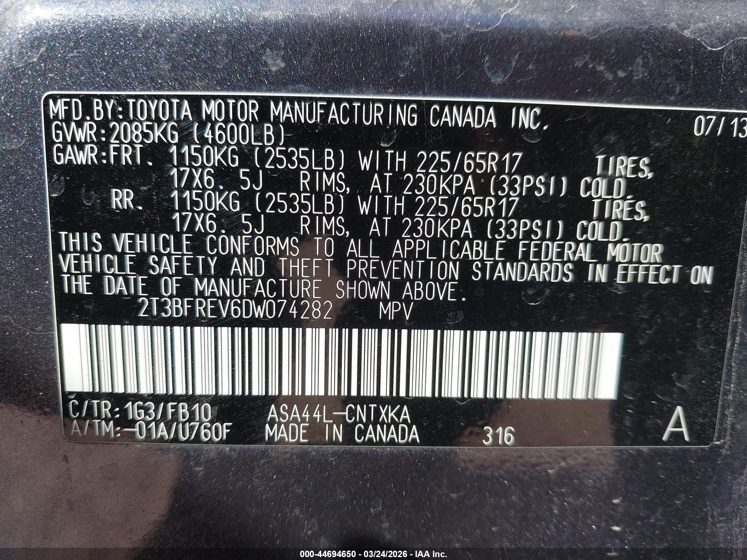2013 Toyota Rav4 Le Gray vin: 2T3BFREV6DW074282